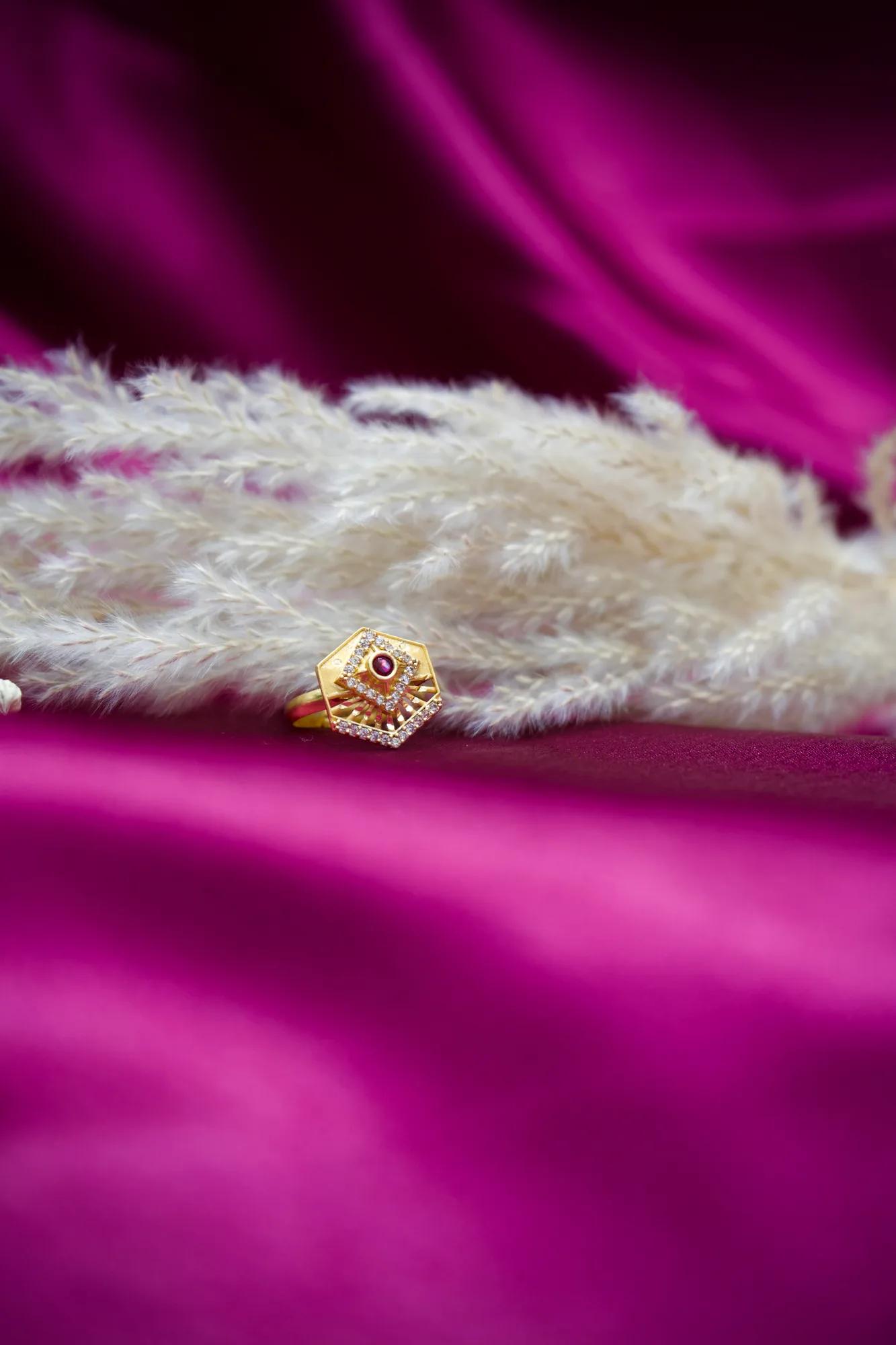 Hexagonal Ruby CZ Designer Gold-Tone Ring