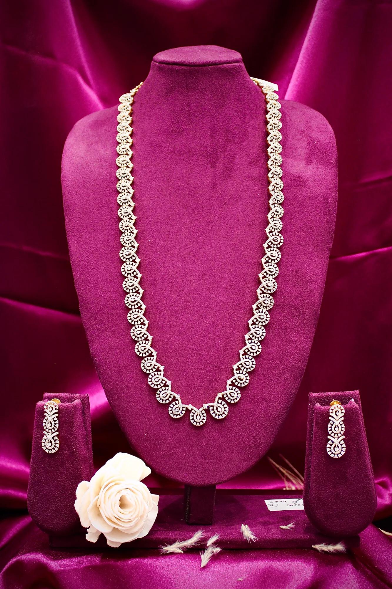 Elegant American Diamond Long Necklace Set with Drop Earrings