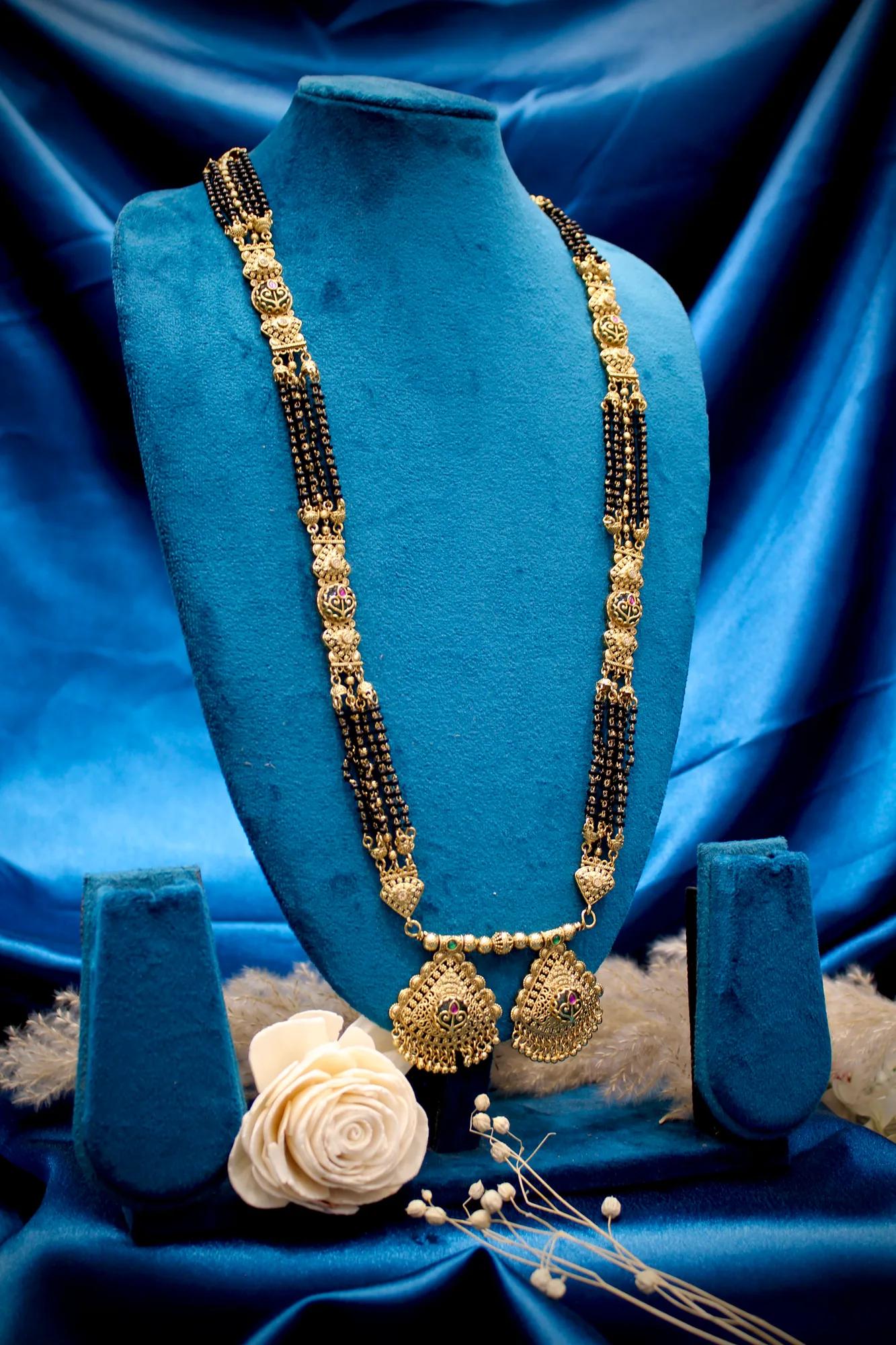 Royal Antique Gold Peacock Motif Twin Pendant Black Bead Mangalsutra