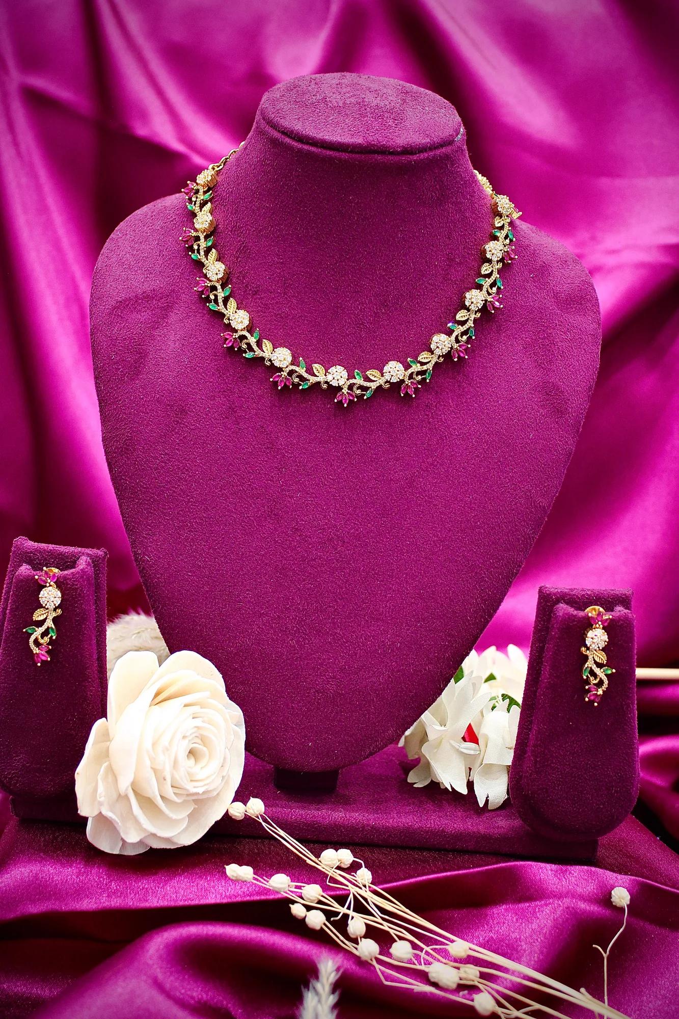Floral Vine CZ Necklace Set with Multicolor Stone Accents