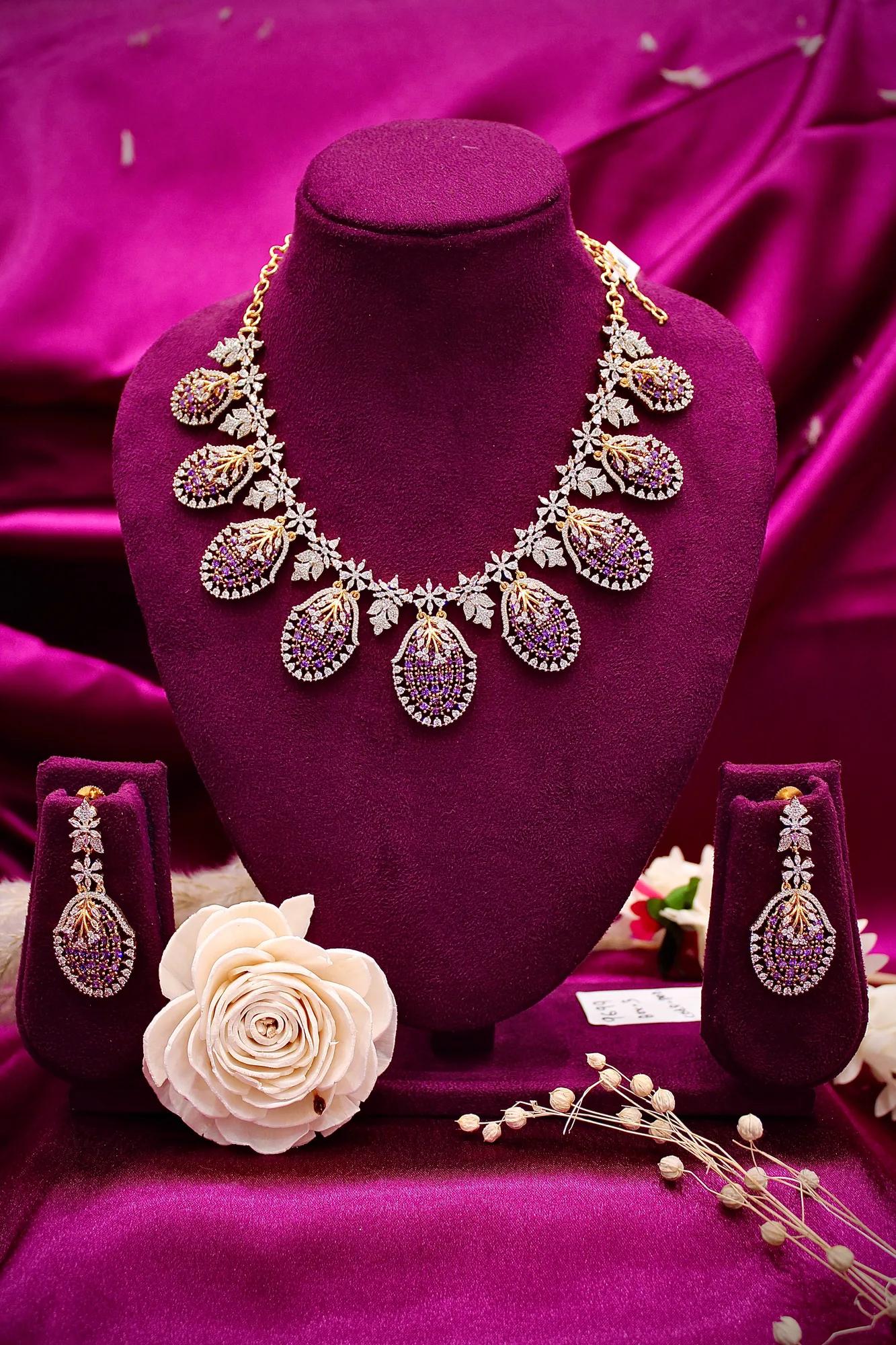 Elegant Purple Stone Leaf Drop Necklace Set