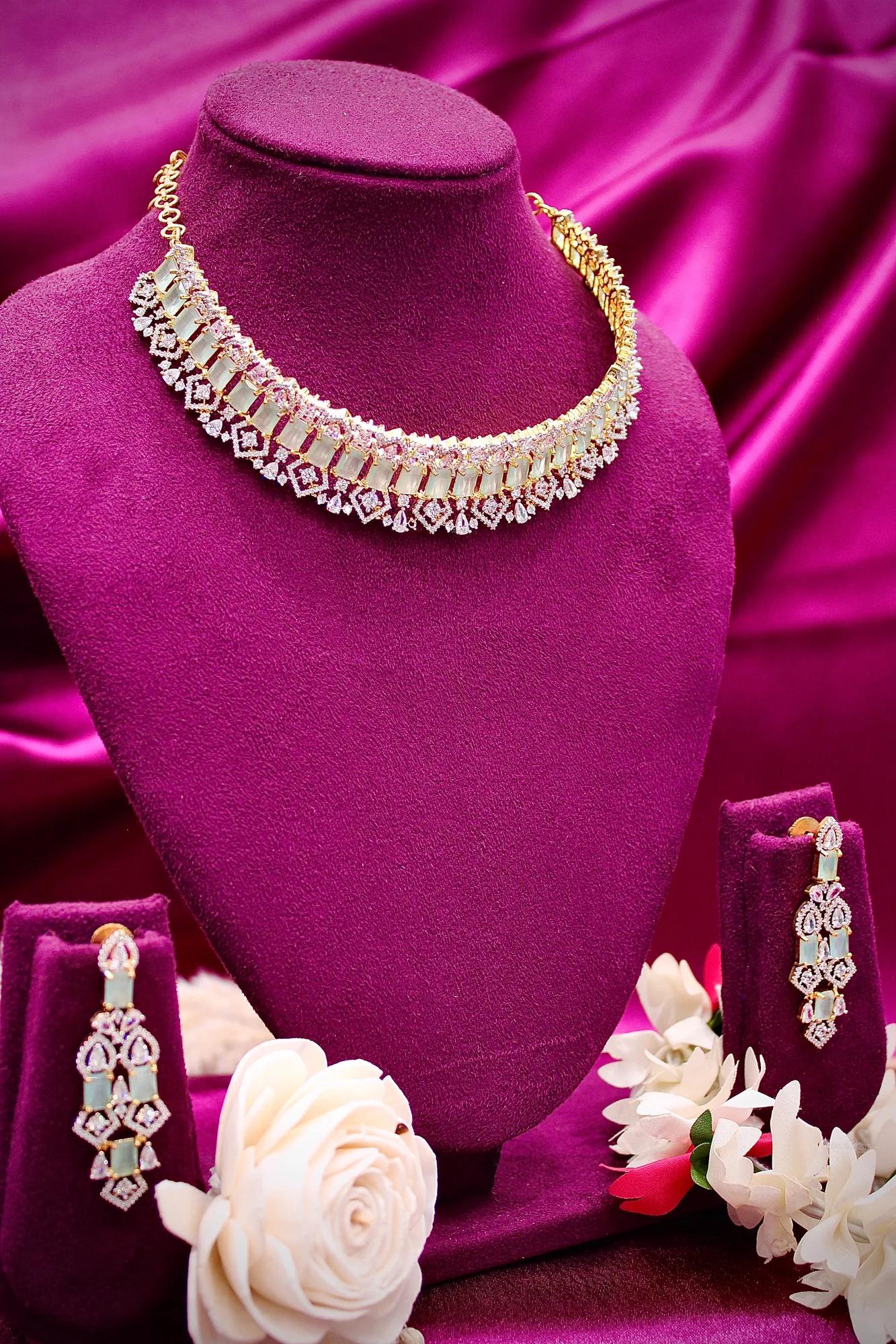 Elegant Mint Stone American Diamond Choker Set with Designer Earrings