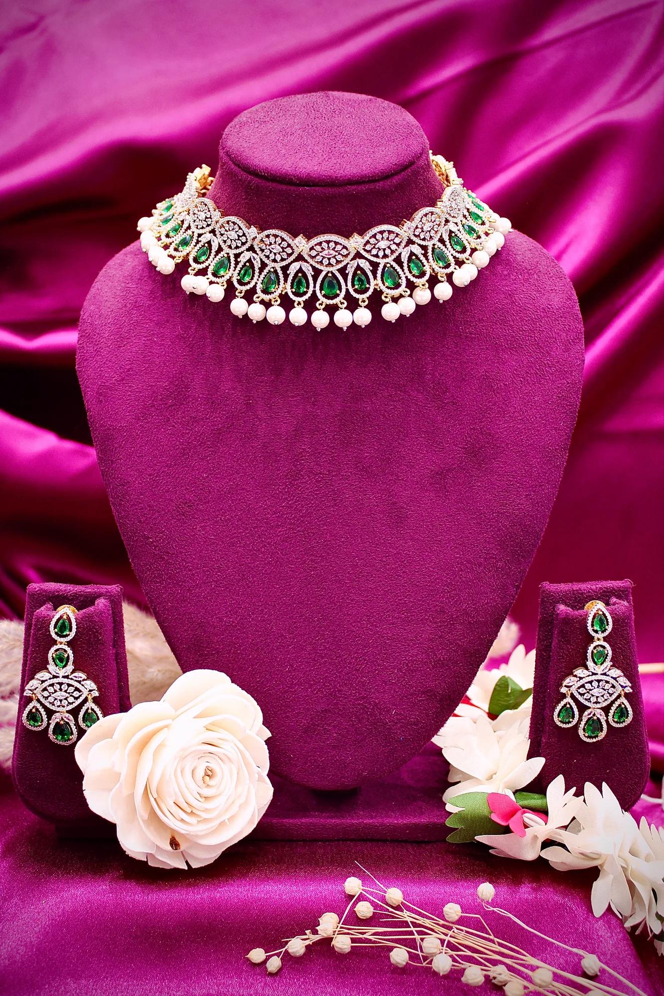 Royal Emerald Pearl American Diamond Choker Set