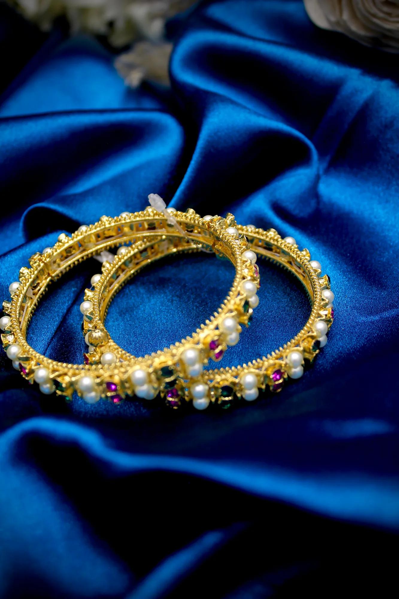 Pearl & Multicolor Stone Designer Bangles (Set of 2)