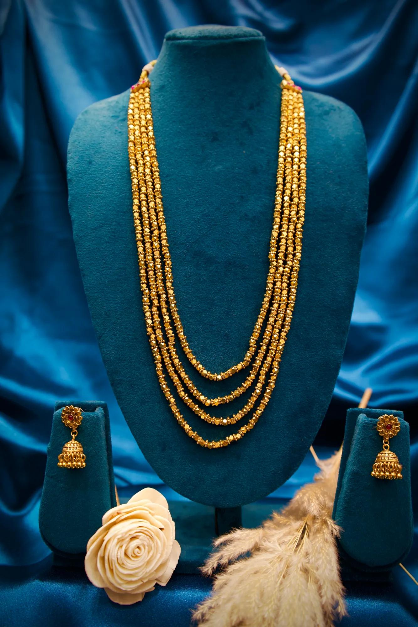 Traditional Four-Layer Golden Bead Long Haram Necklace Set