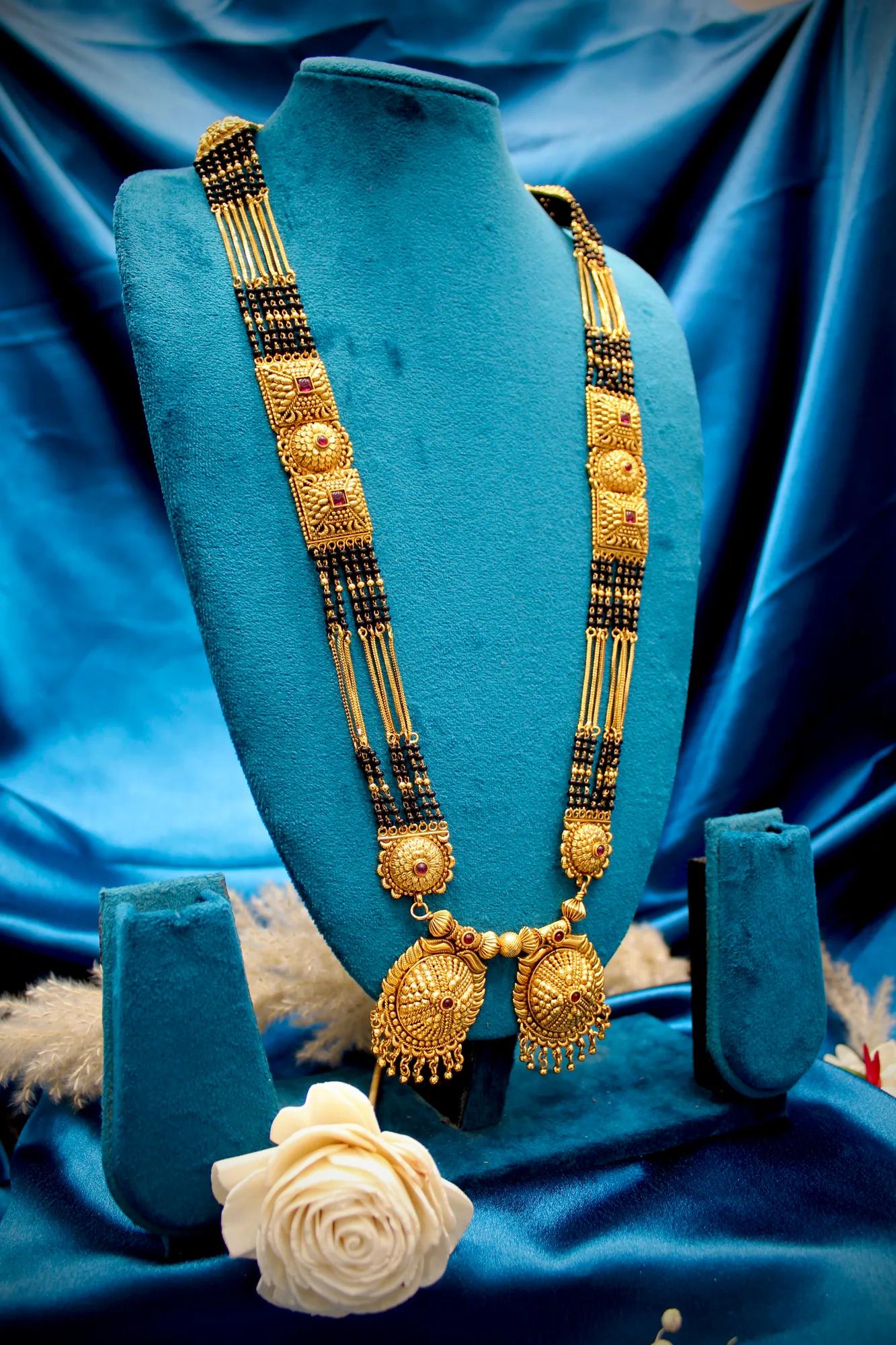 Royal Antique Gold Statement Twin Pendant Black Bead Mangalsutra