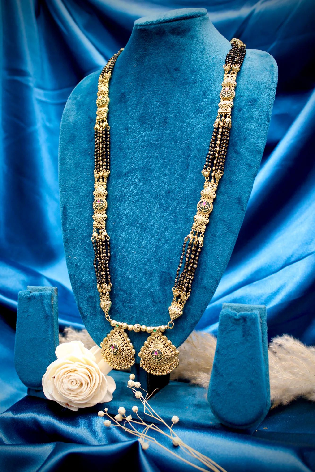 Royal Antique Gold Peacock Motif Twin Pendant Black Bead Mangalsutra