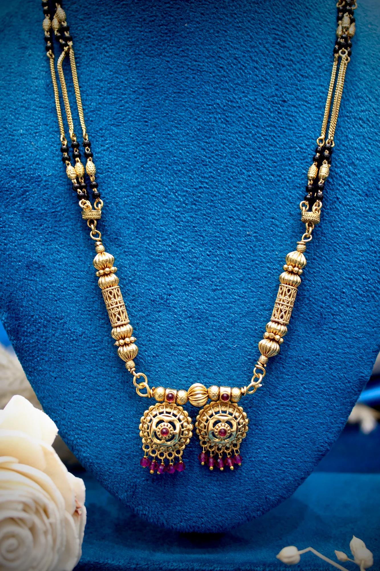 Premium Antique Gold Designer Double Pendant Black Bead Mangalsutra