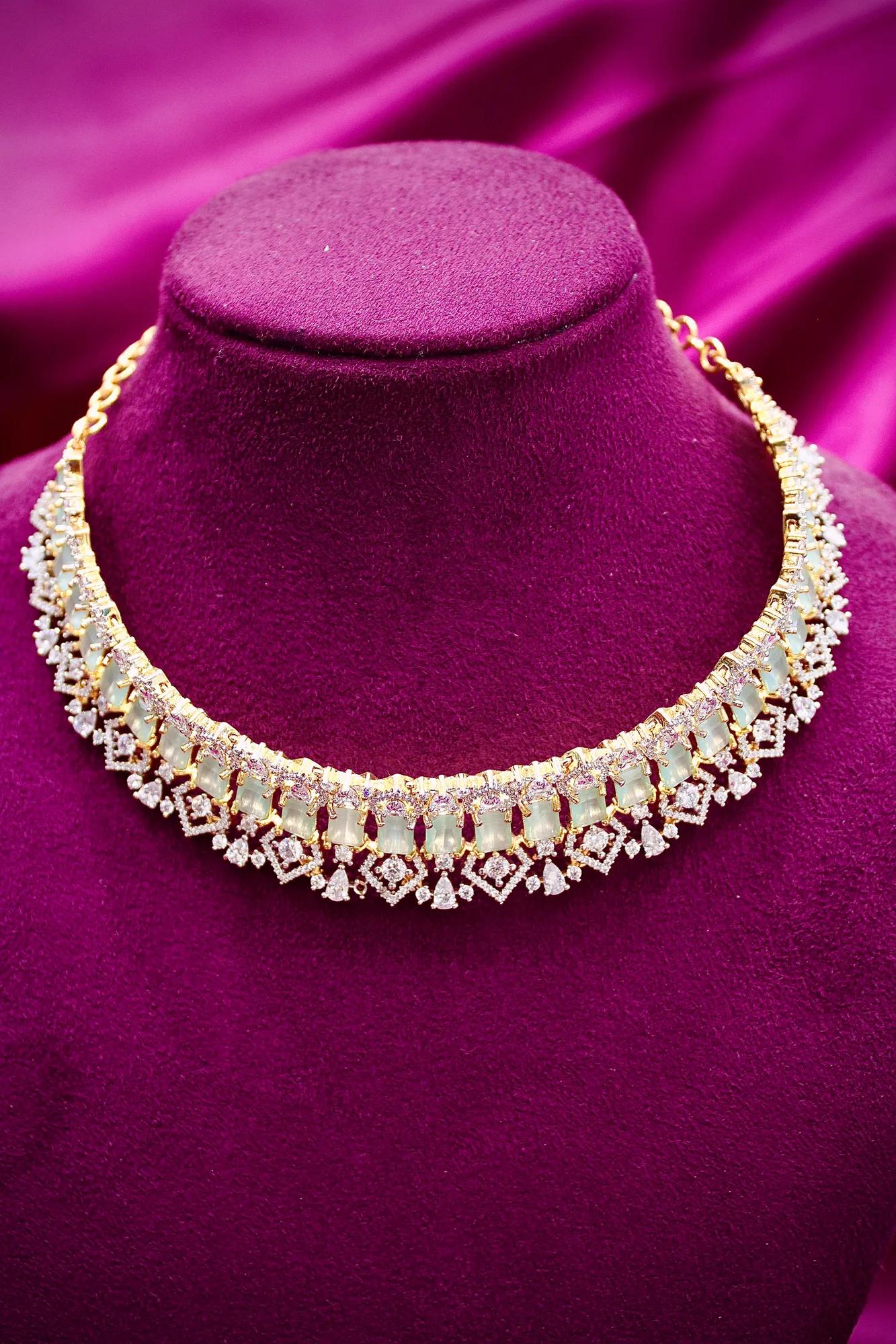 Elegant Mint Stone American Diamond Choker Set with Designer Earrings