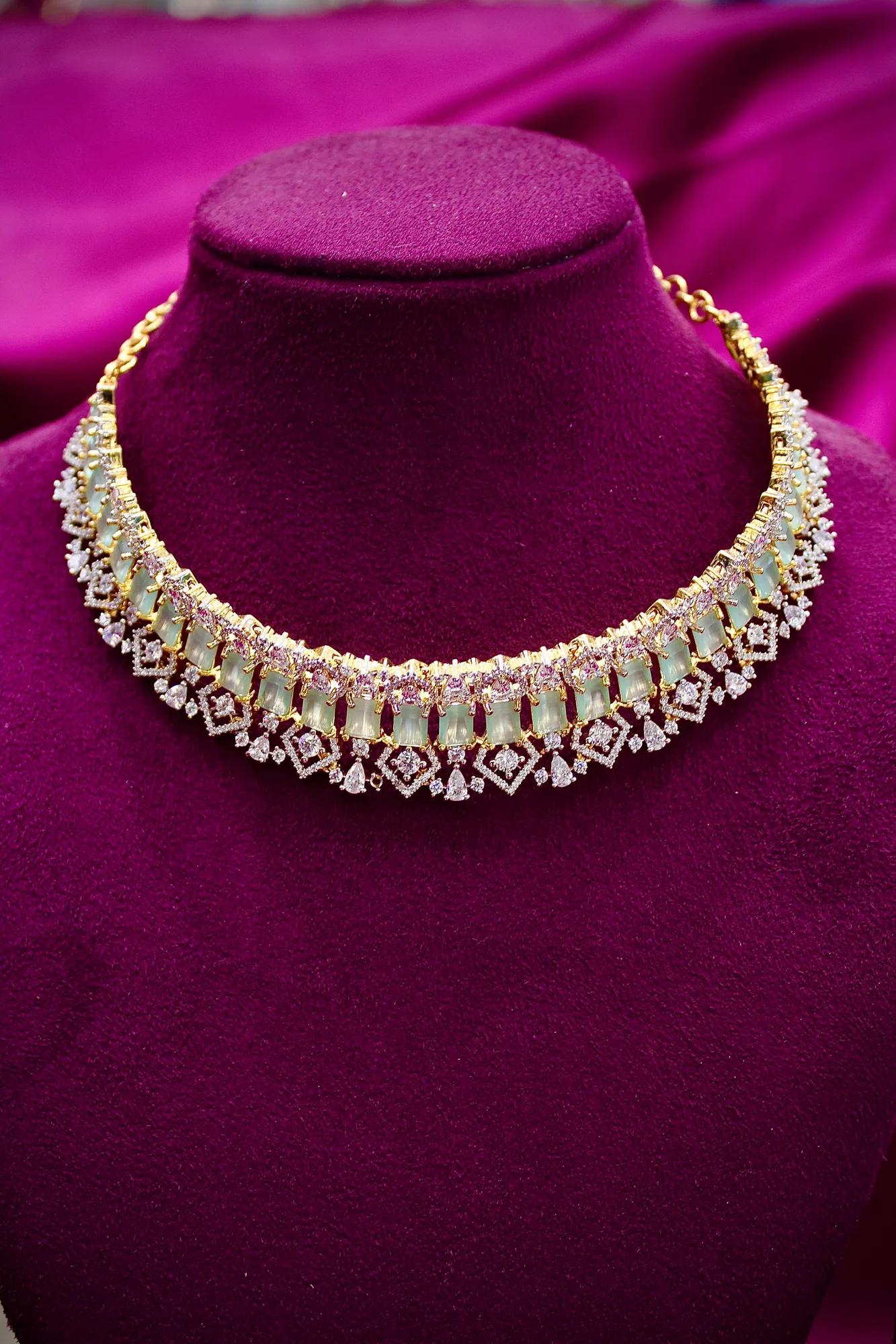 Elegant Mint Stone American Diamond Choker Set with Designer Earrings