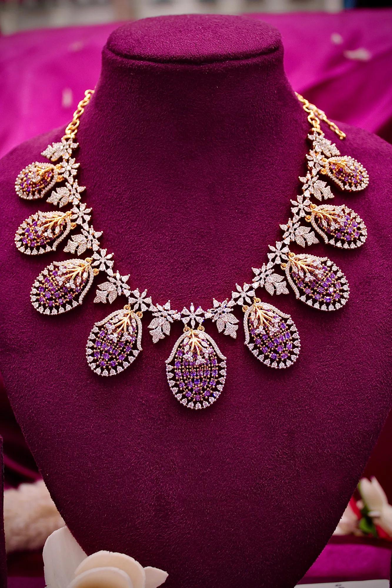 Elegant Purple Stone Leaf Drop Necklace Set
