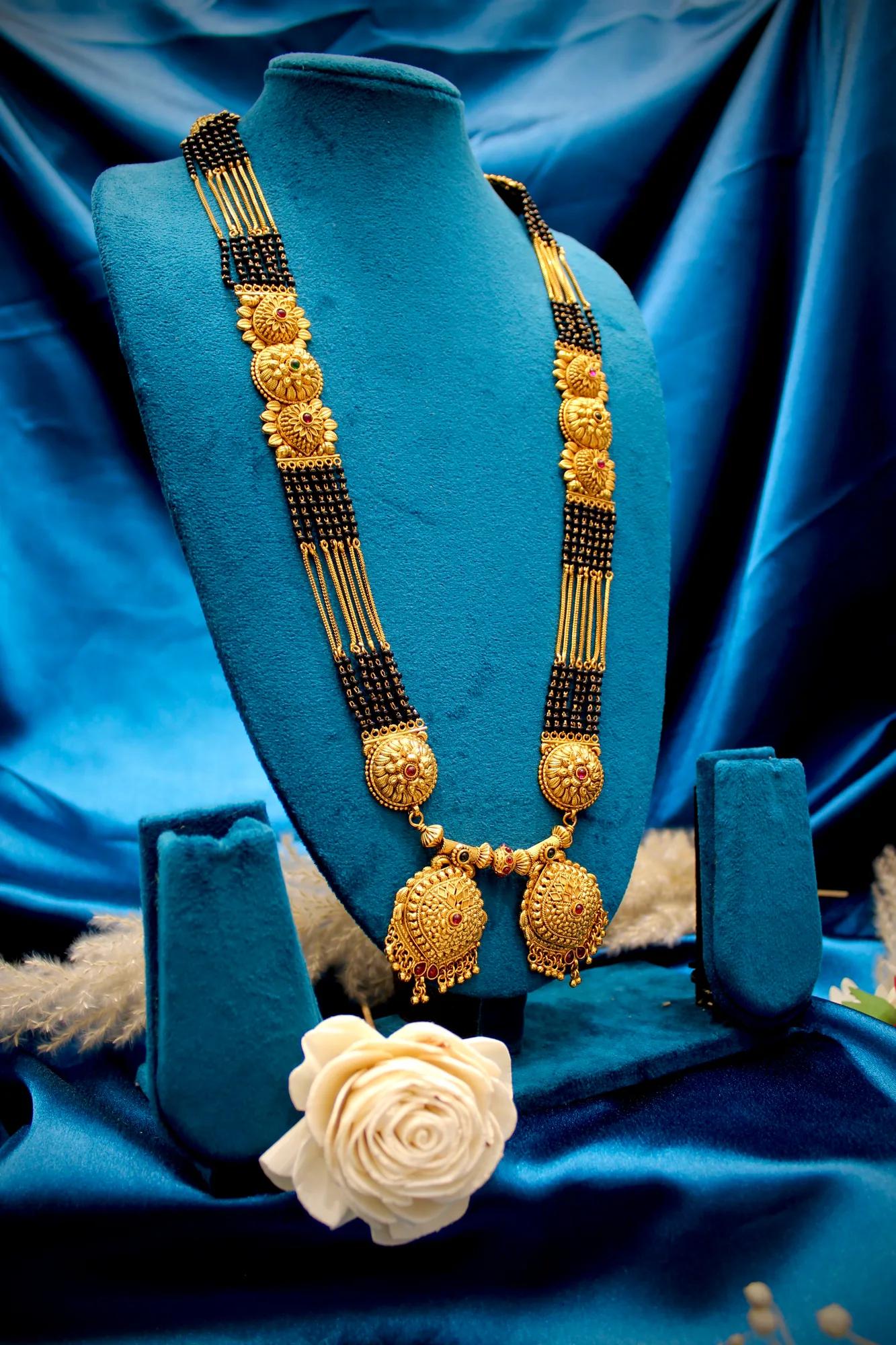 Royal Antique Gold Floral Statement Twin Pendant Black Bead Mangalsutra
