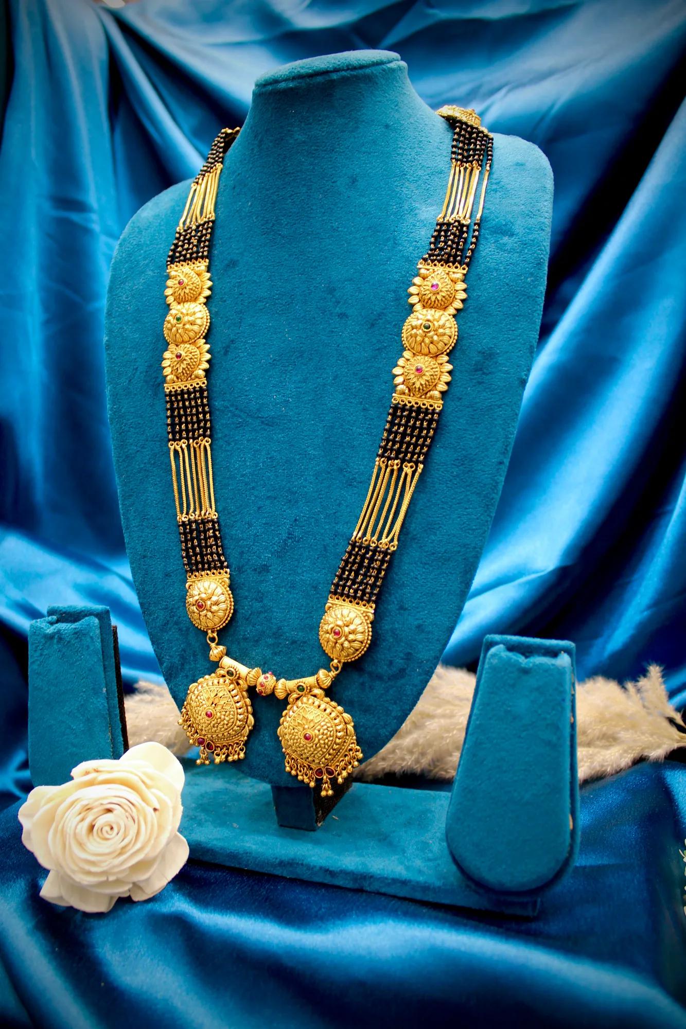 Royal Antique Gold Floral Statement Twin Pendant Black Bead Mangalsutra