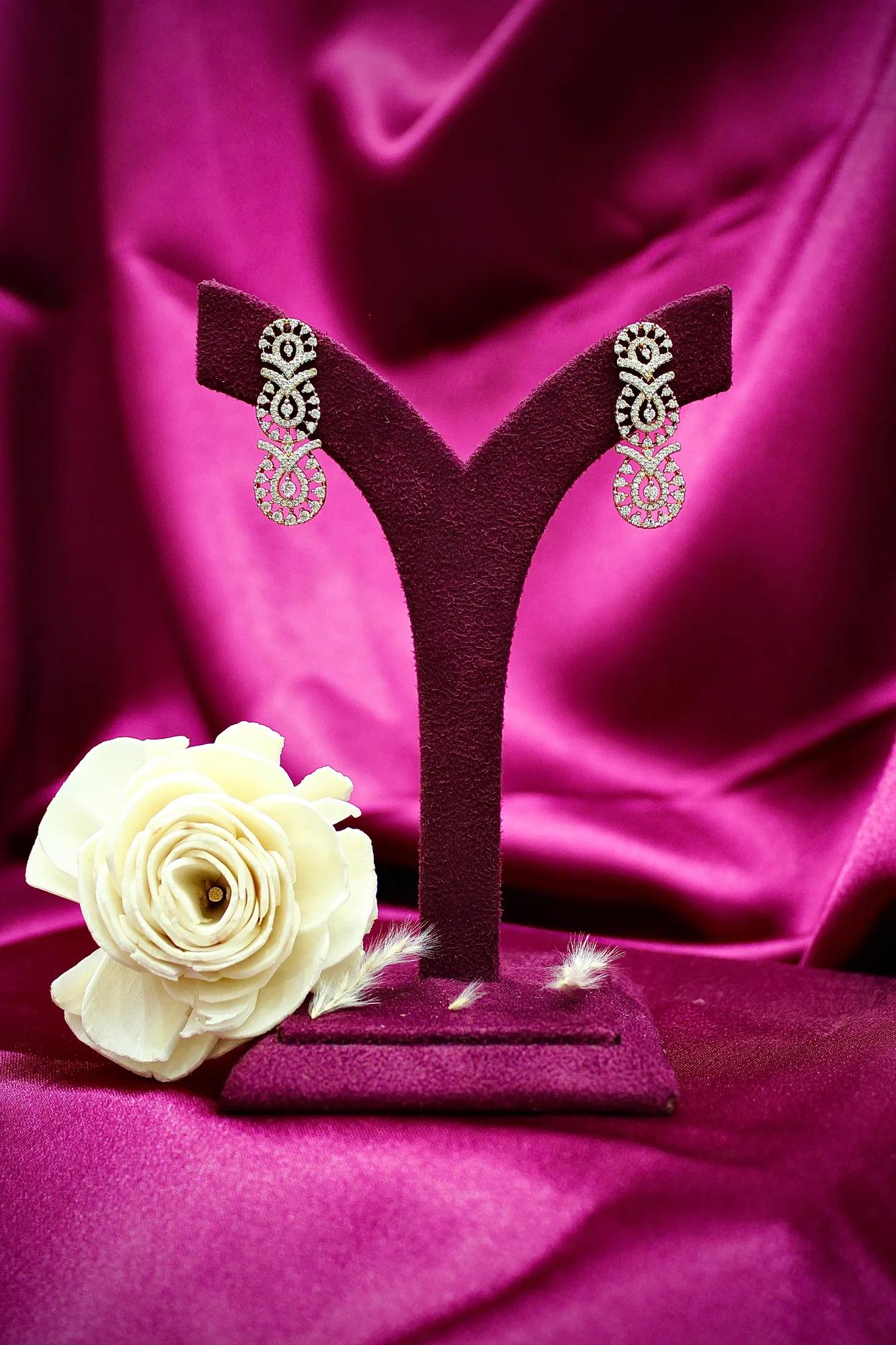 Elegant American Diamond Long Necklace Set with Drop Earrings