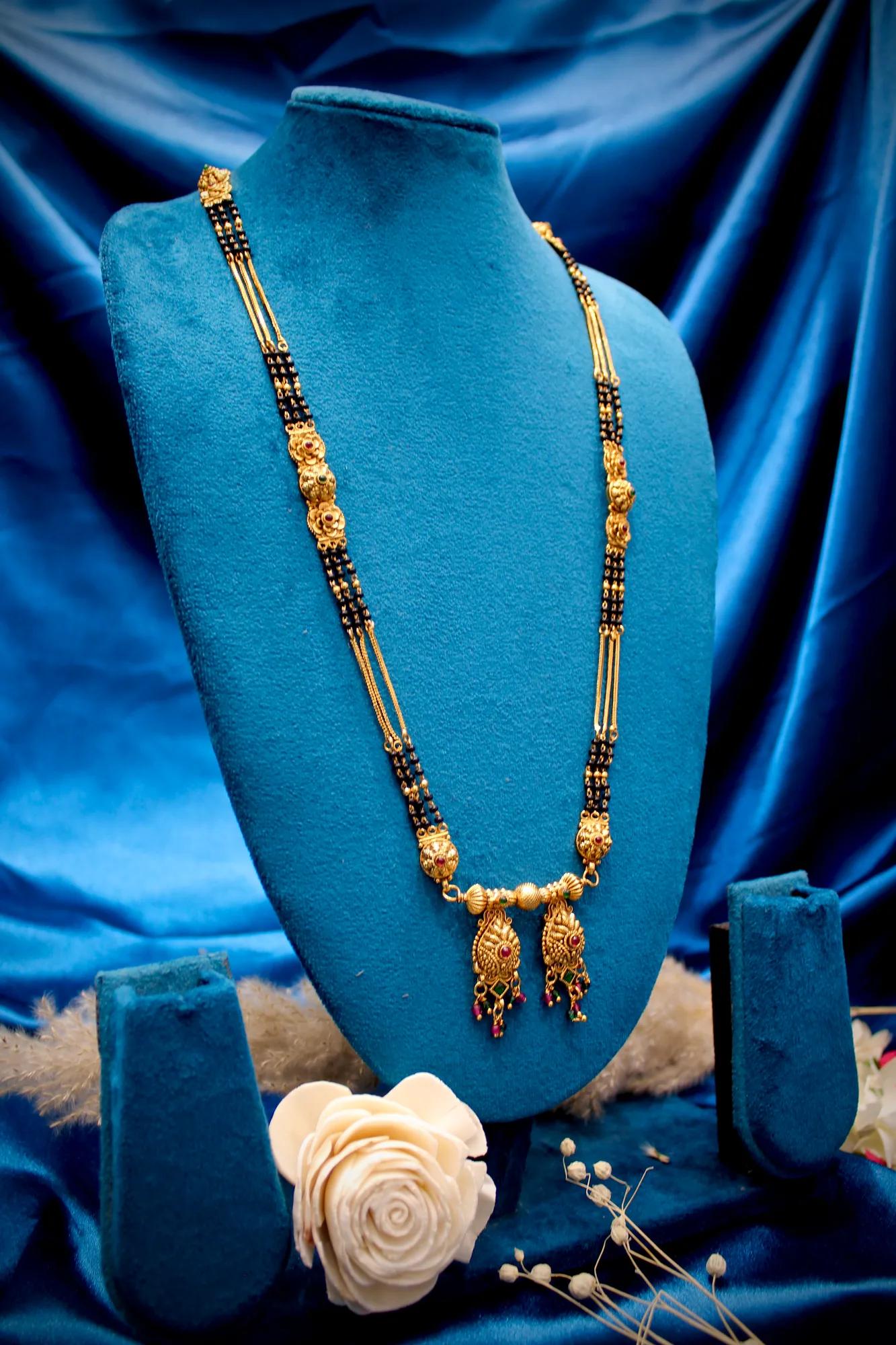 Antique Floral Drop Mangalsutra with Dual Peacock Pendant