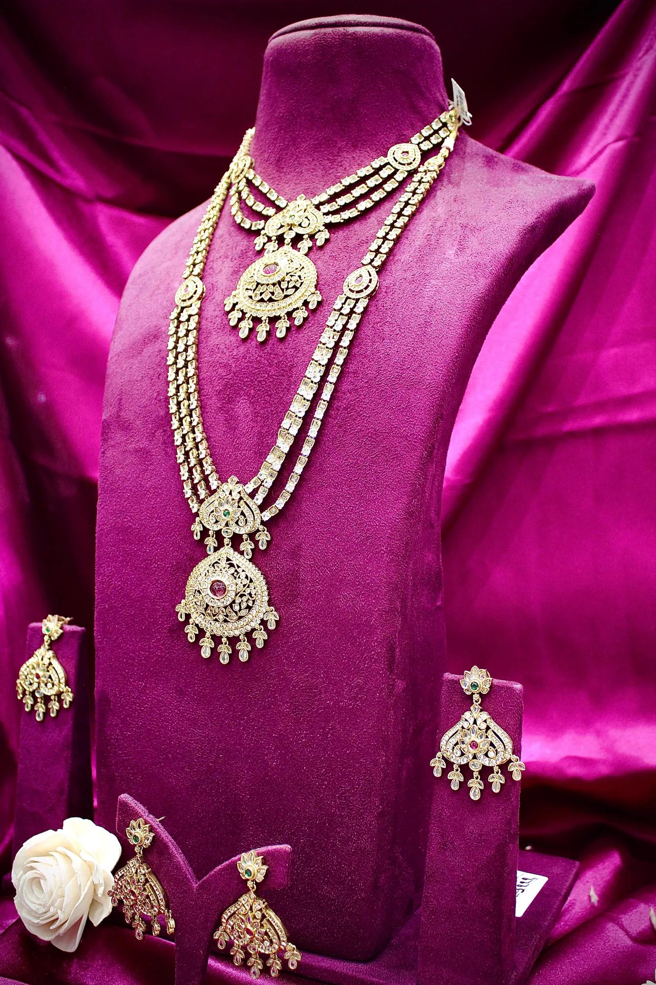 Royal Dual-Layer American Diamond Necklace Set with Ruby & Emerald Accents