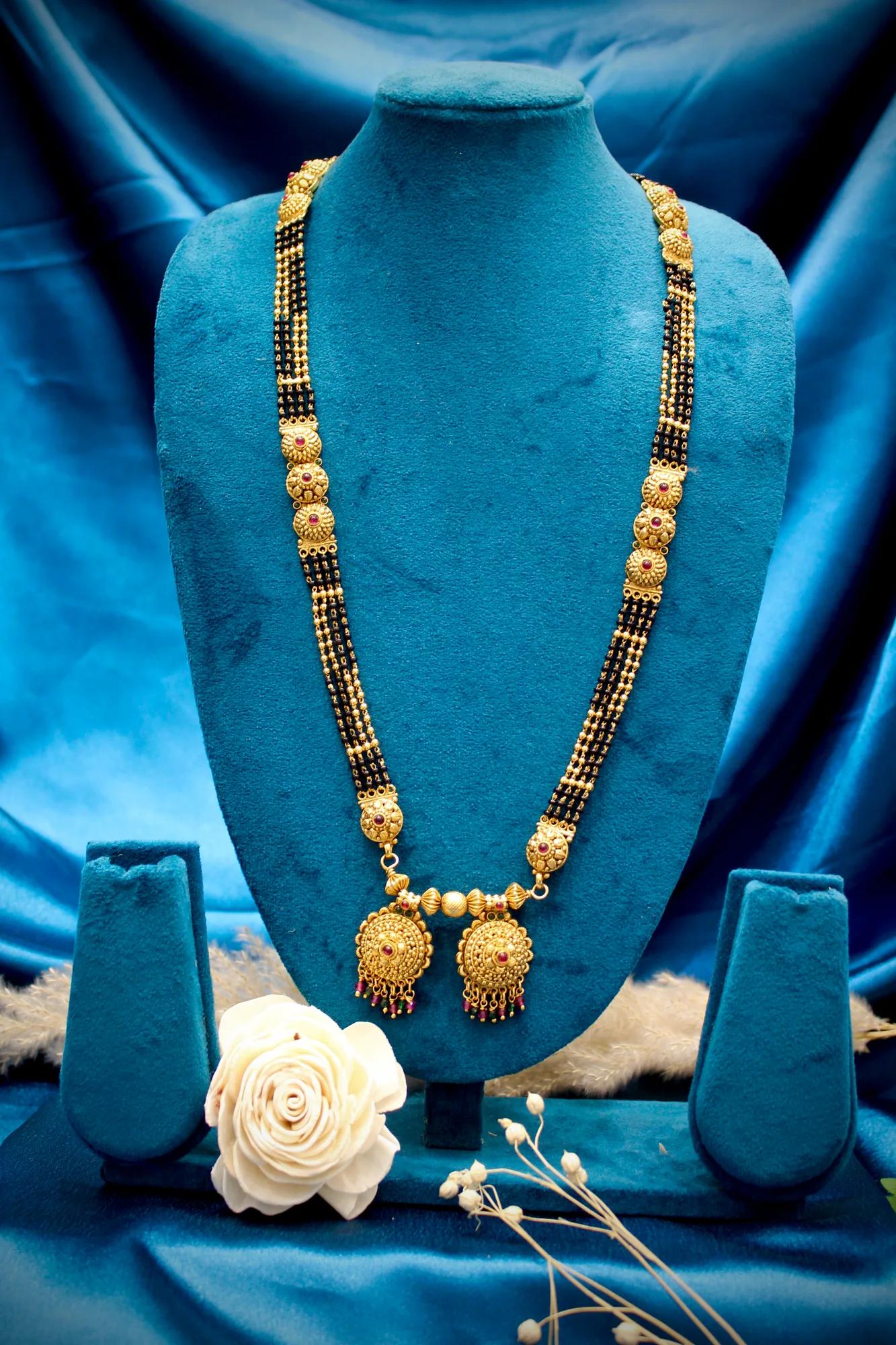 Royal Antique Gold Floral Twin Pendant Black Bead Mangalsutra