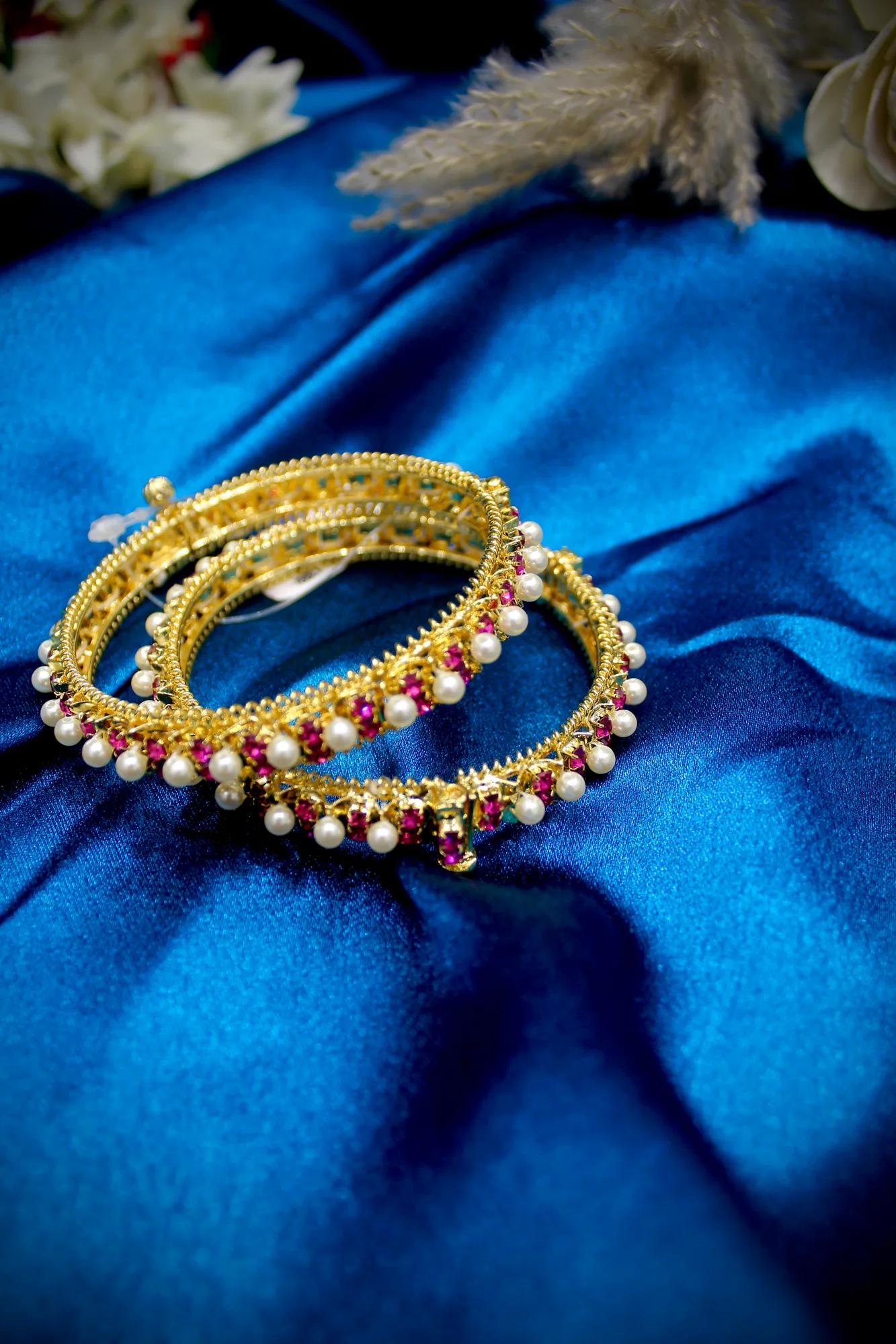 Pearl & Ruby Stone Traditional Bangles (Set of 2)