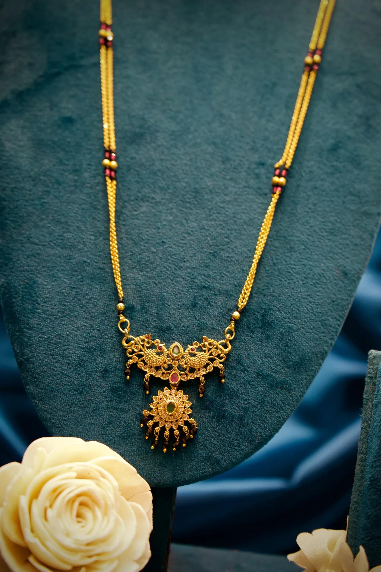 Royal Peacock Motif Mangalsutra with Green Stone Pendant