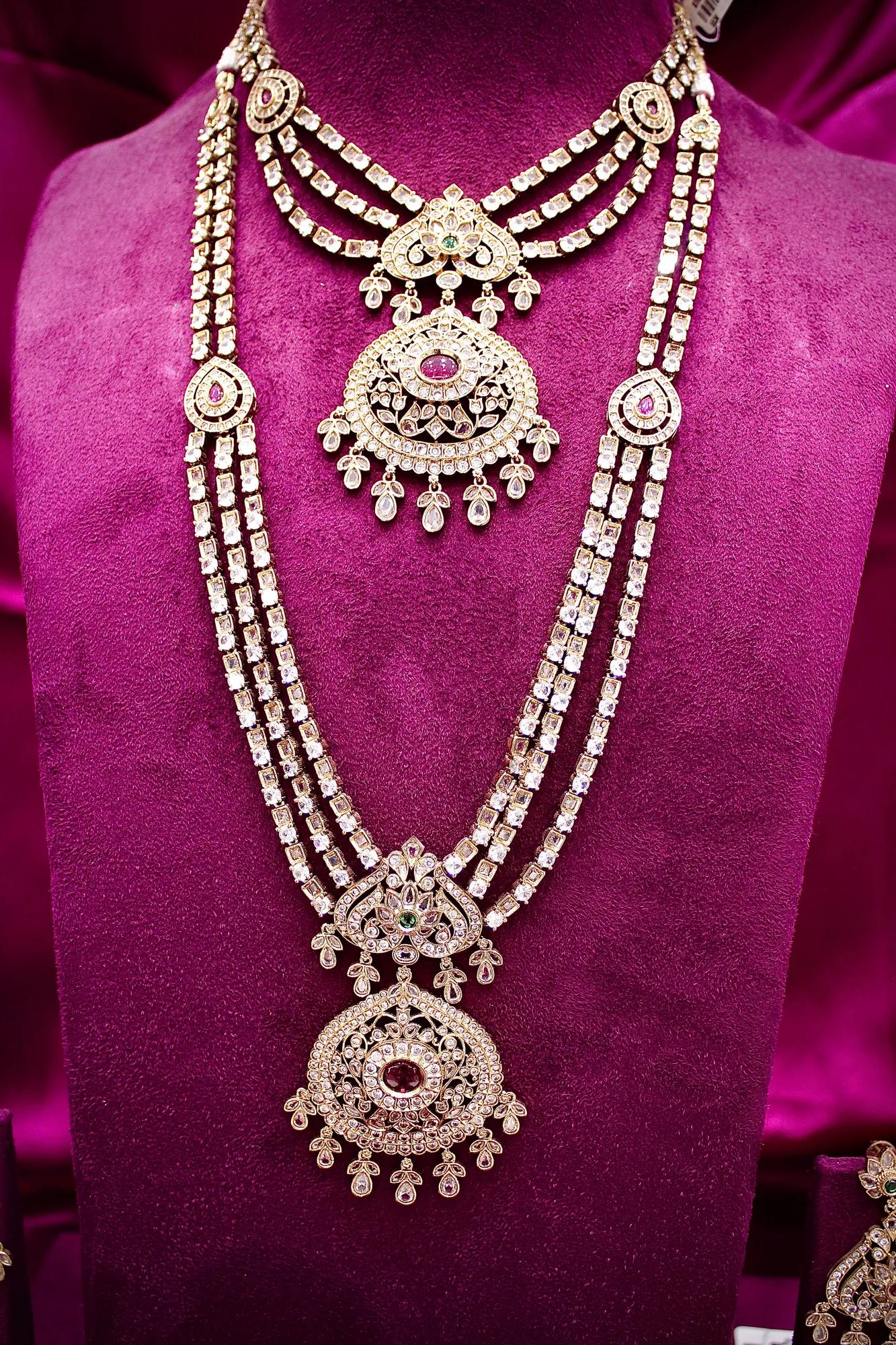 Royal Dual-Layer American Diamond Necklace Set with Ruby & Emerald Accents