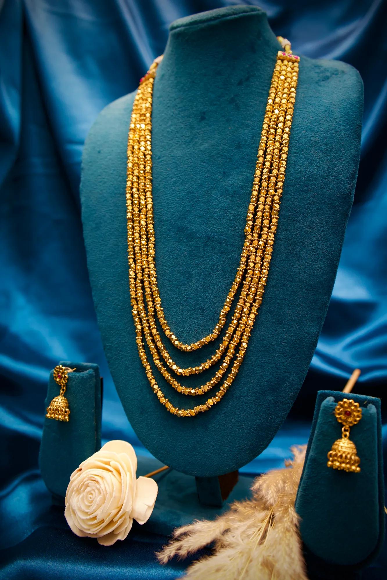 Traditional Four-Layer Golden Bead Long Haram Necklace Set