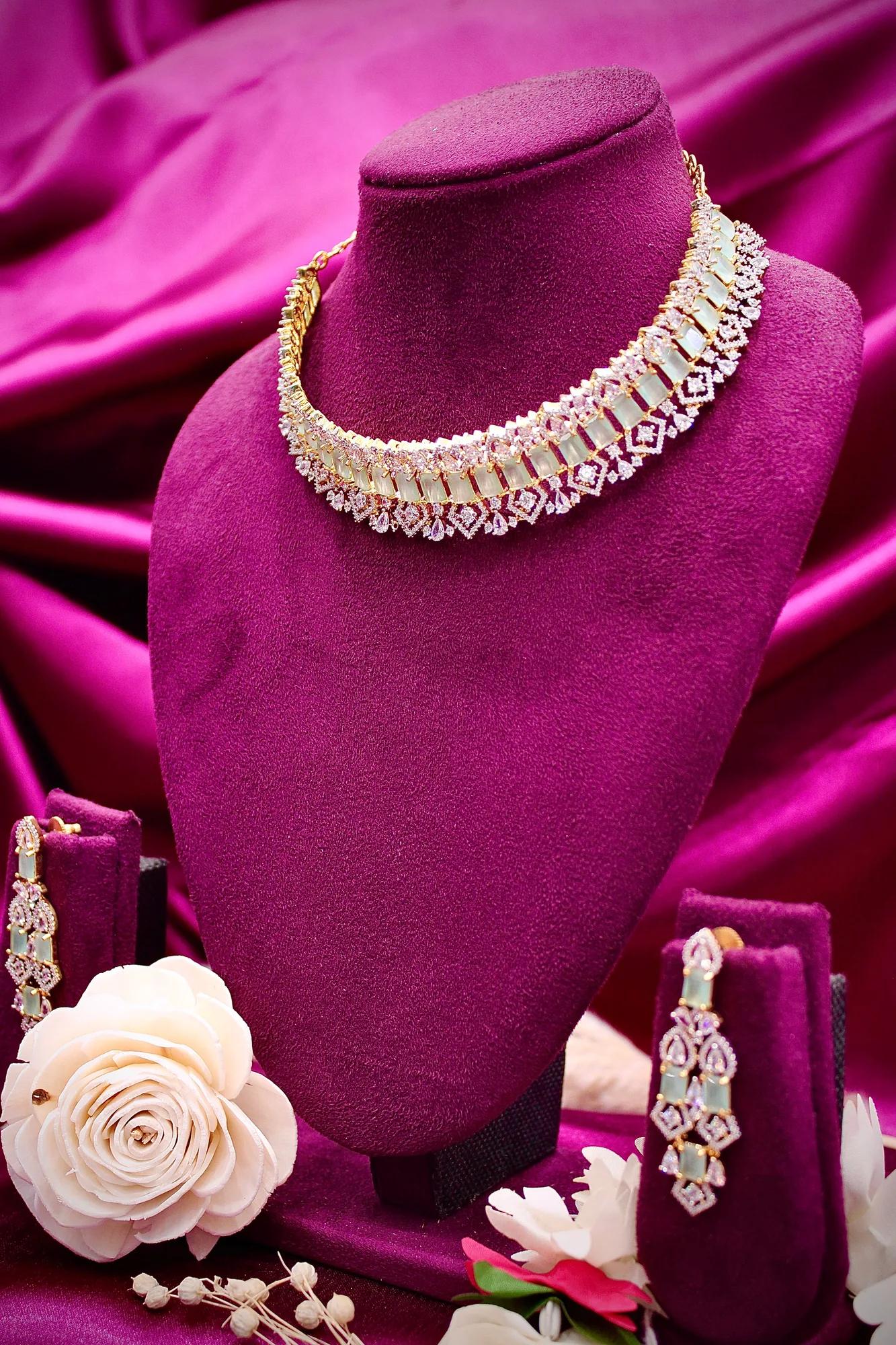 Elegant Mint Stone American Diamond Choker Set with Designer Earrings