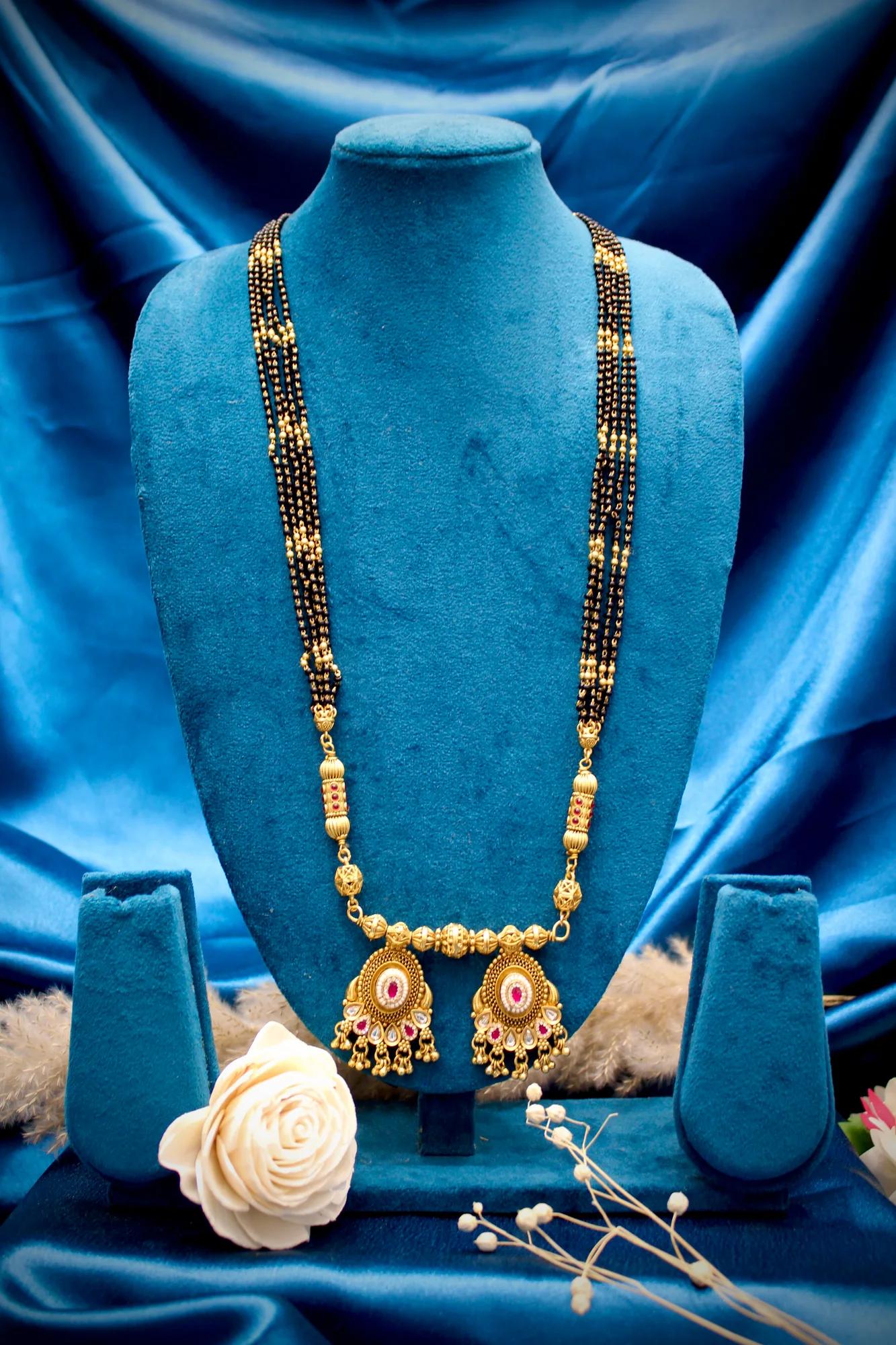 Royal Antique Gold Peacock Twin Pendant Black Bead Mangalsutra