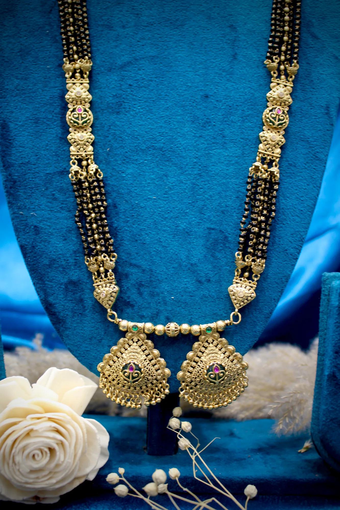 Royal Antique Gold Peacock Motif Twin Pendant Black Bead Mangalsutra