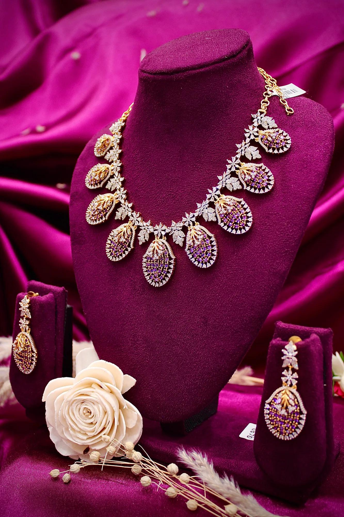 Elegant Purple Stone Leaf Drop Necklace Set