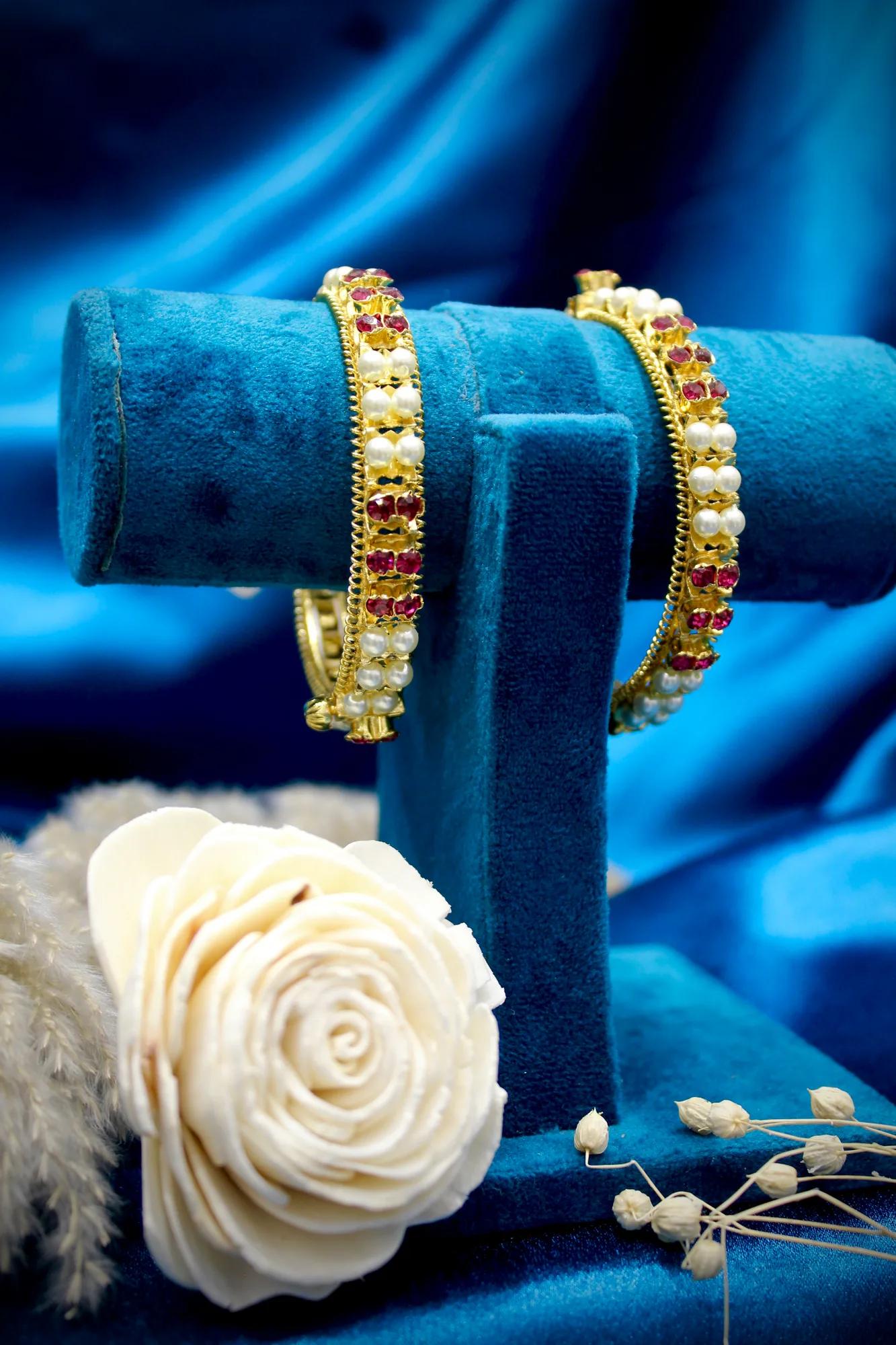 Royal Pearl & Ruby Floral Openable Bangles (Set of 2)