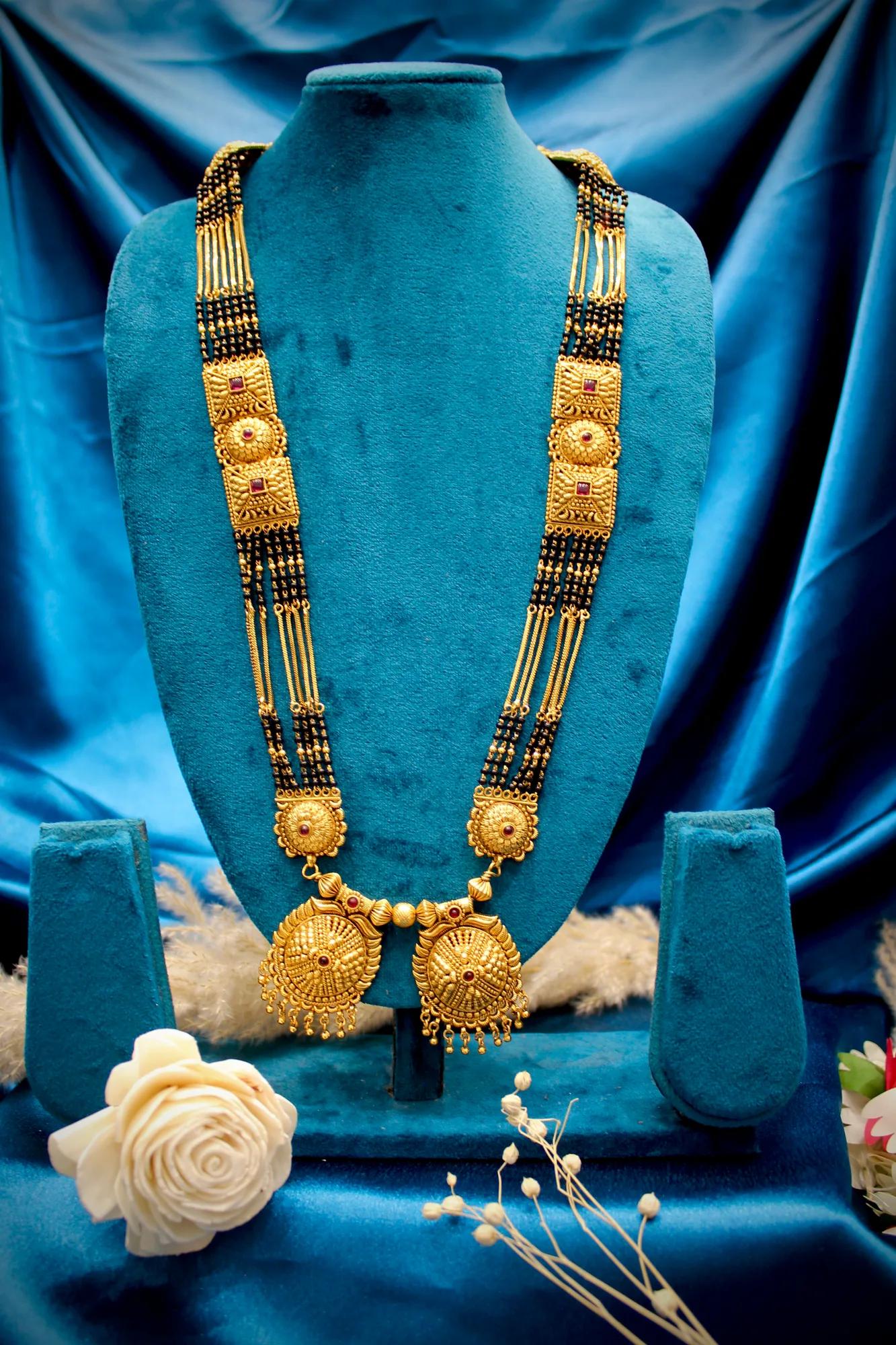 Royal Antique Gold Statement Twin Pendant Black Bead Mangalsutra