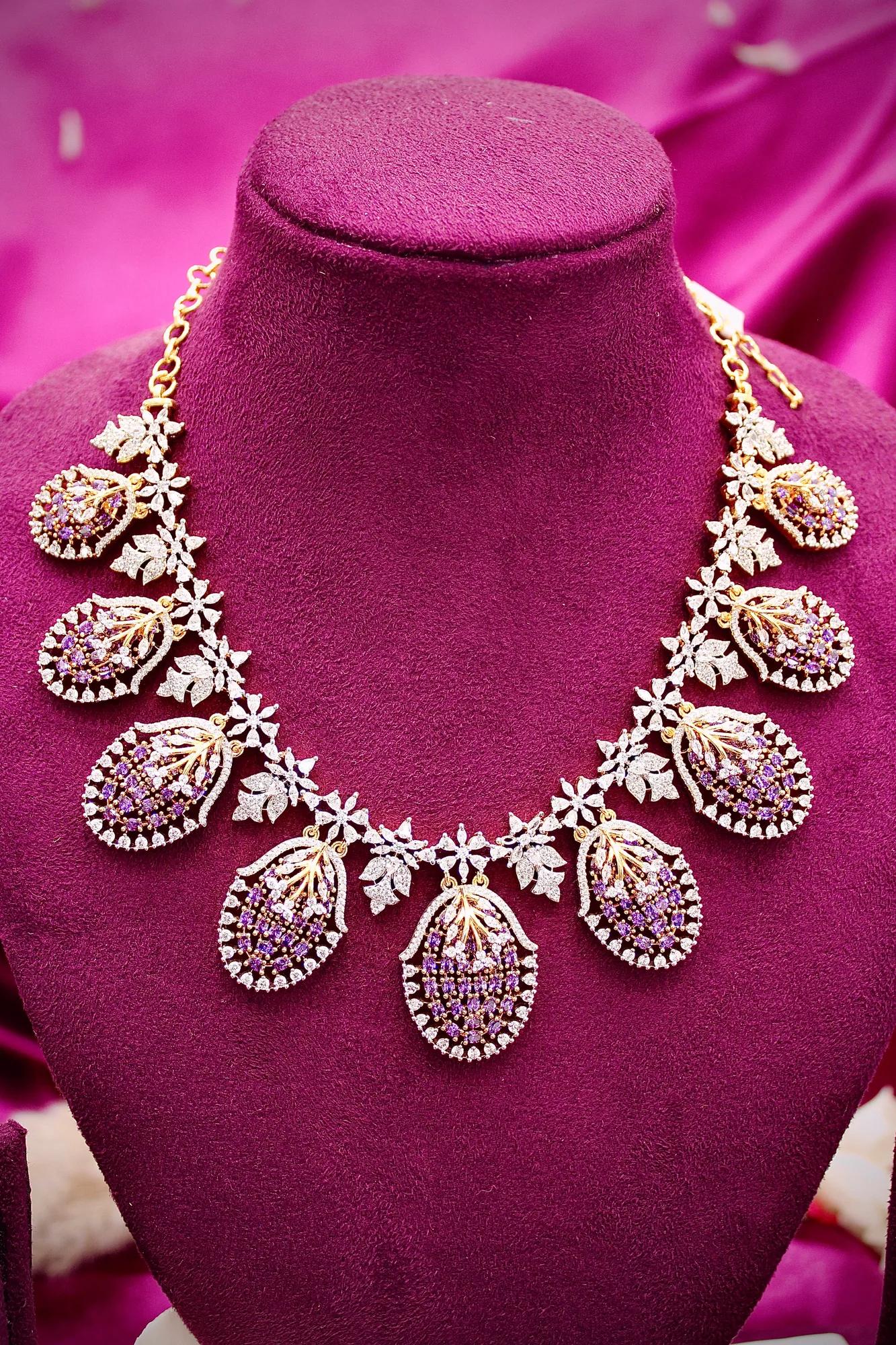 Elegant Purple Stone Leaf Drop Necklace Set