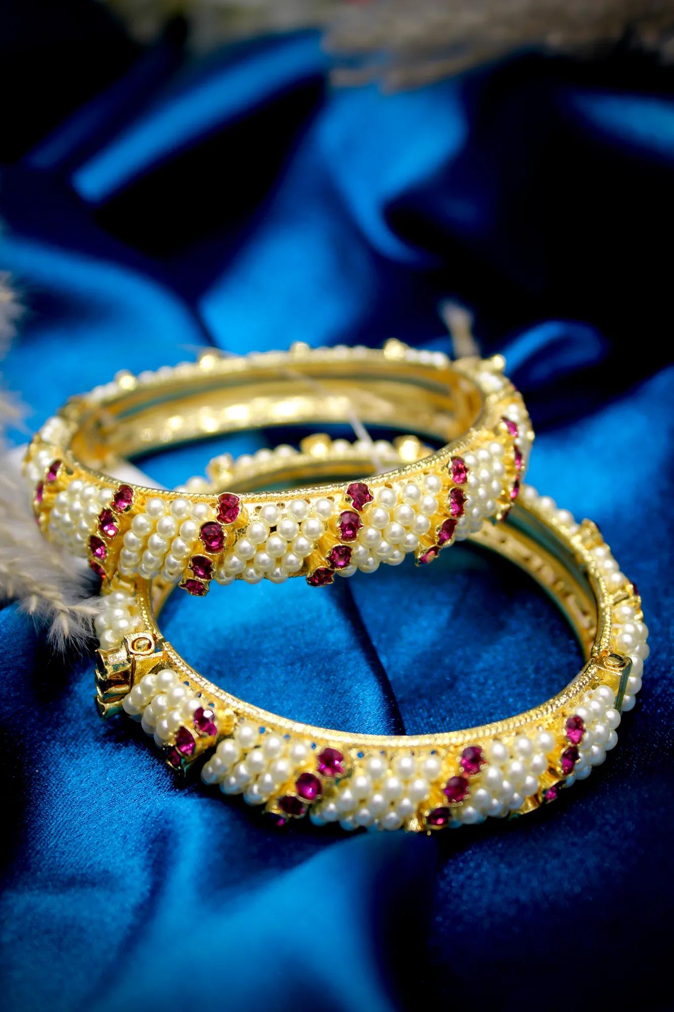 Pearl & Ruby Floral Designer Bangles (Set of 2)