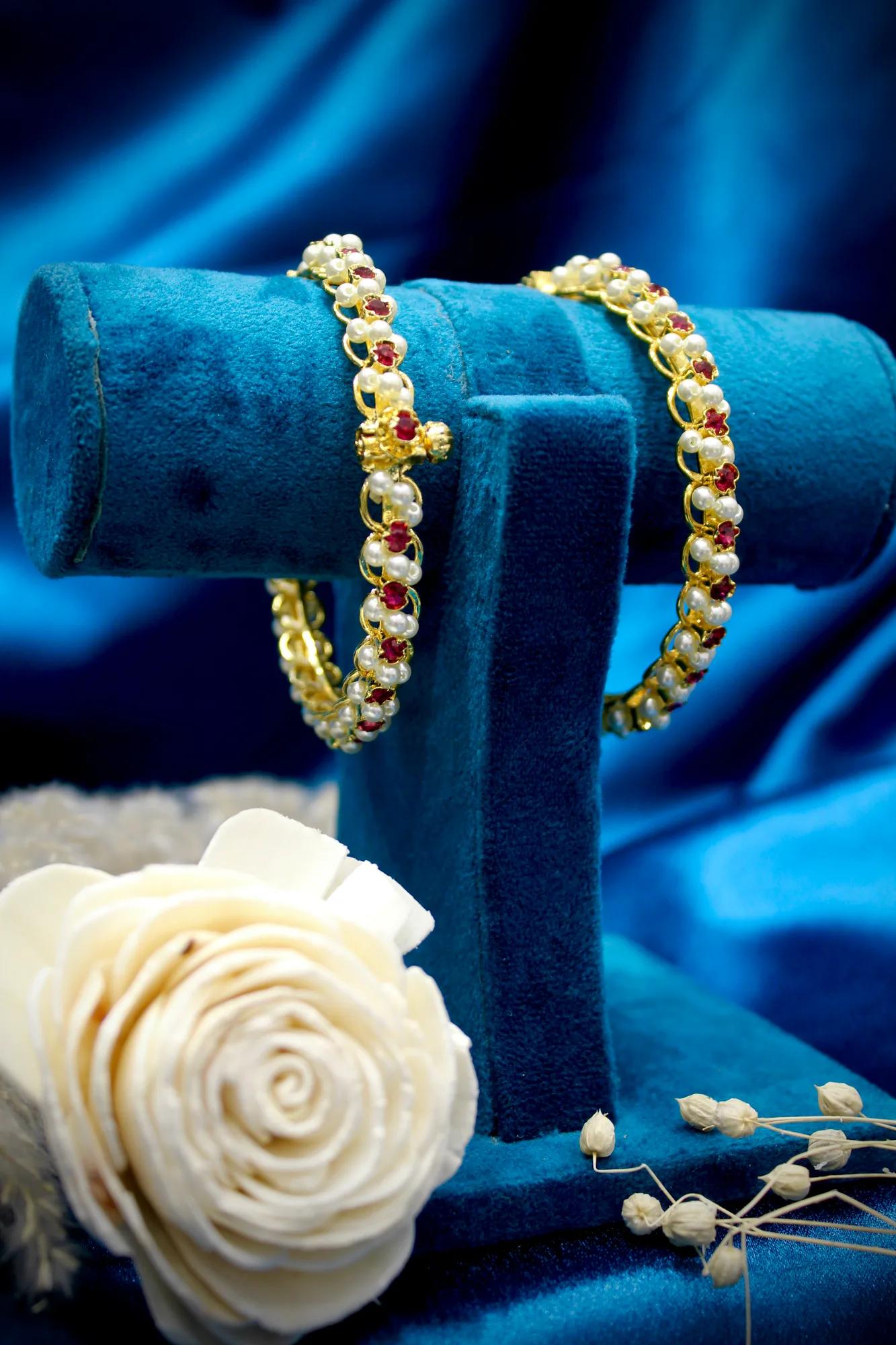 Elegant Pearl & Ruby Link Bangles (Set of 2)