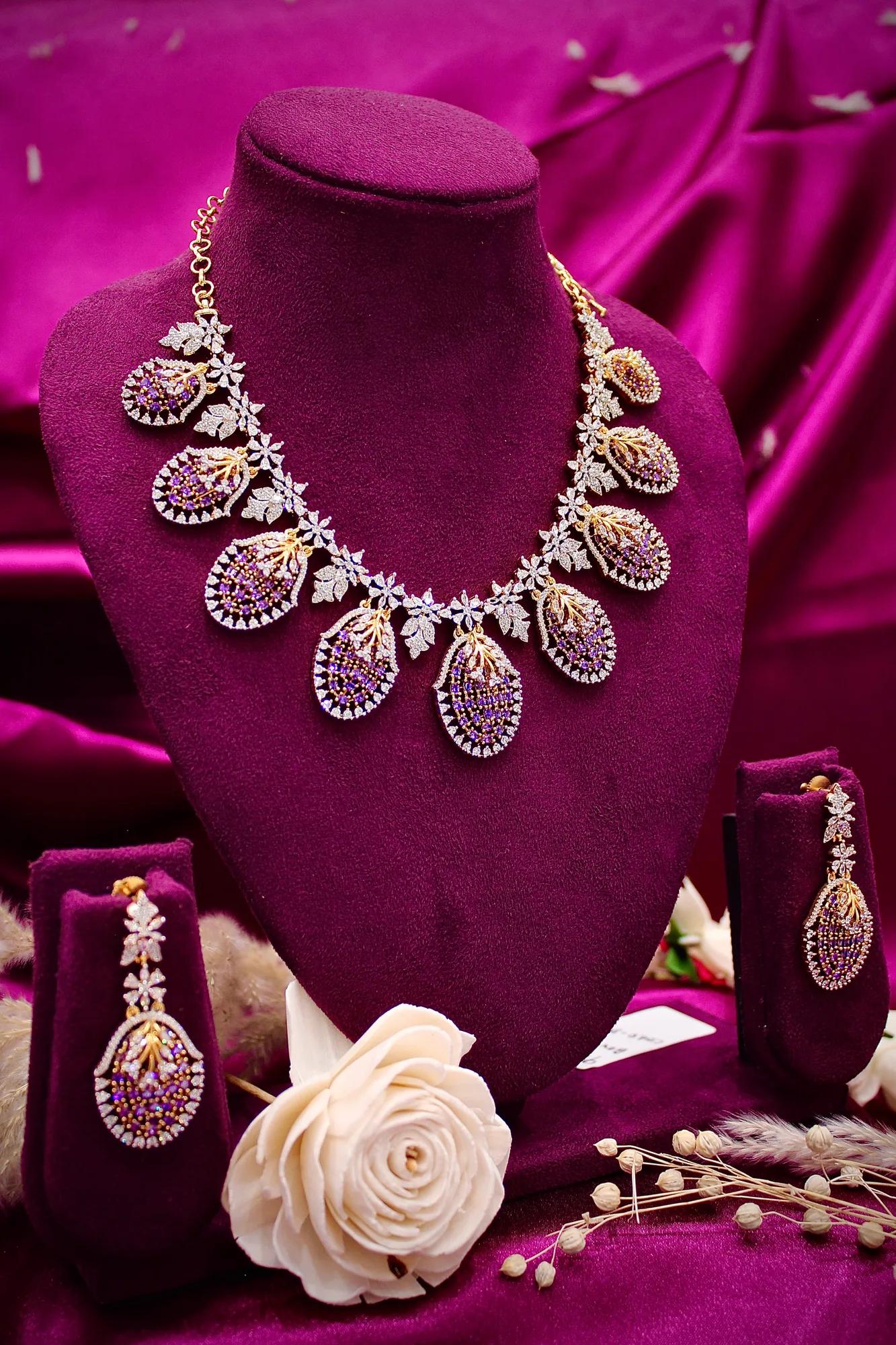 Elegant Purple Stone Leaf Drop Necklace Set