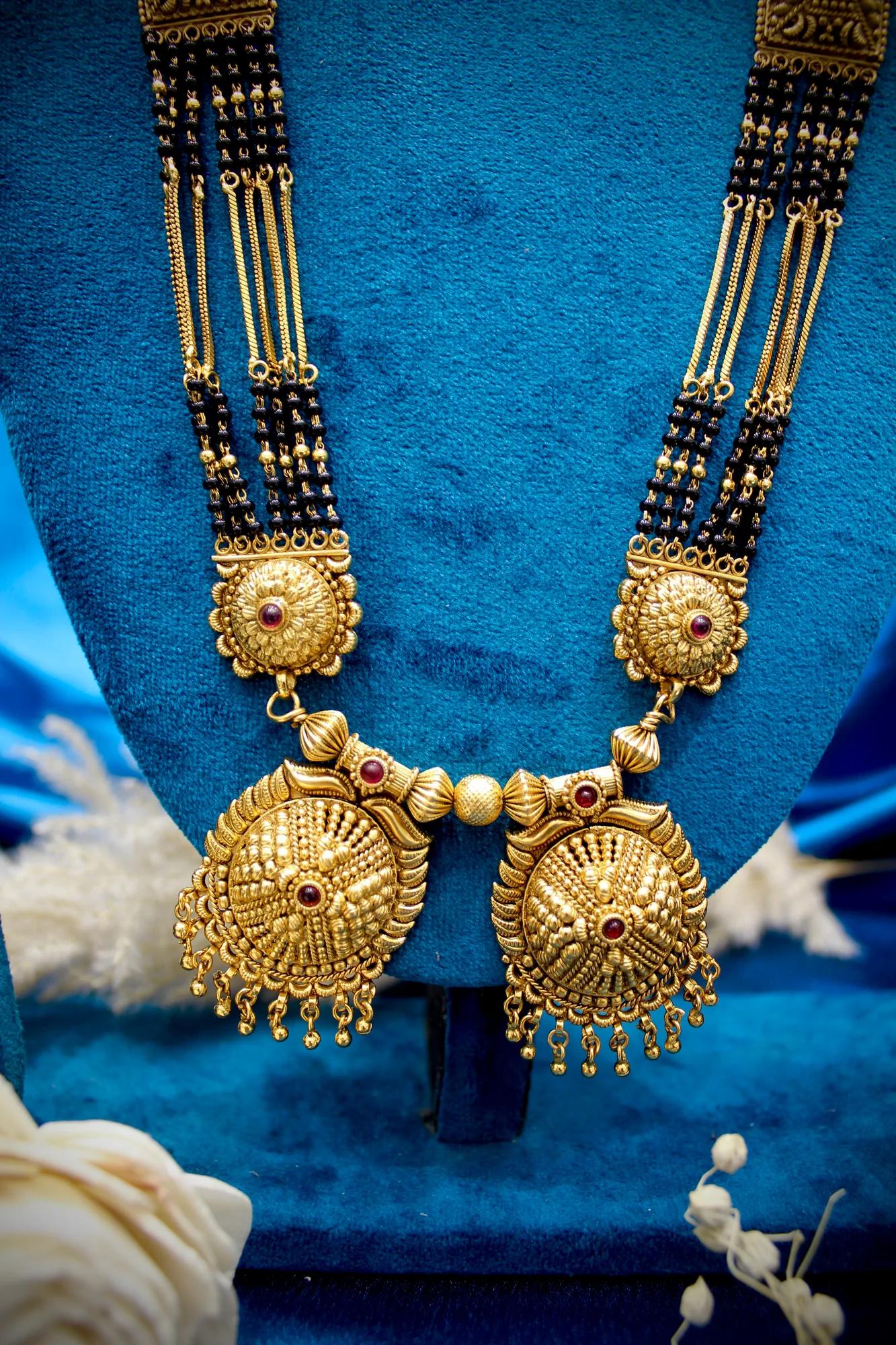 Royal Antique Gold Statement Twin Pendant Black Bead Mangalsutra