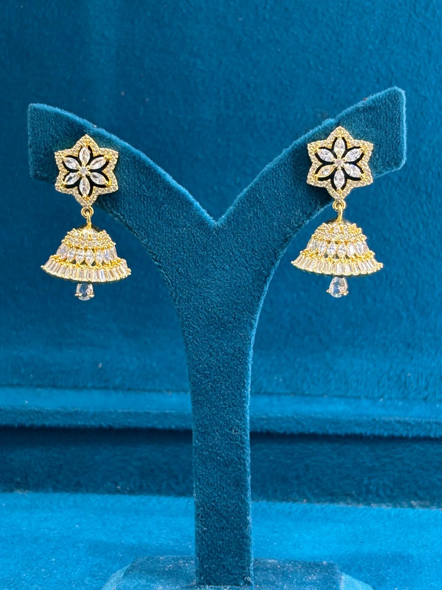 Elegant Gold-Plated Floral CZ Jhumka Earrings with Star Motif Studs