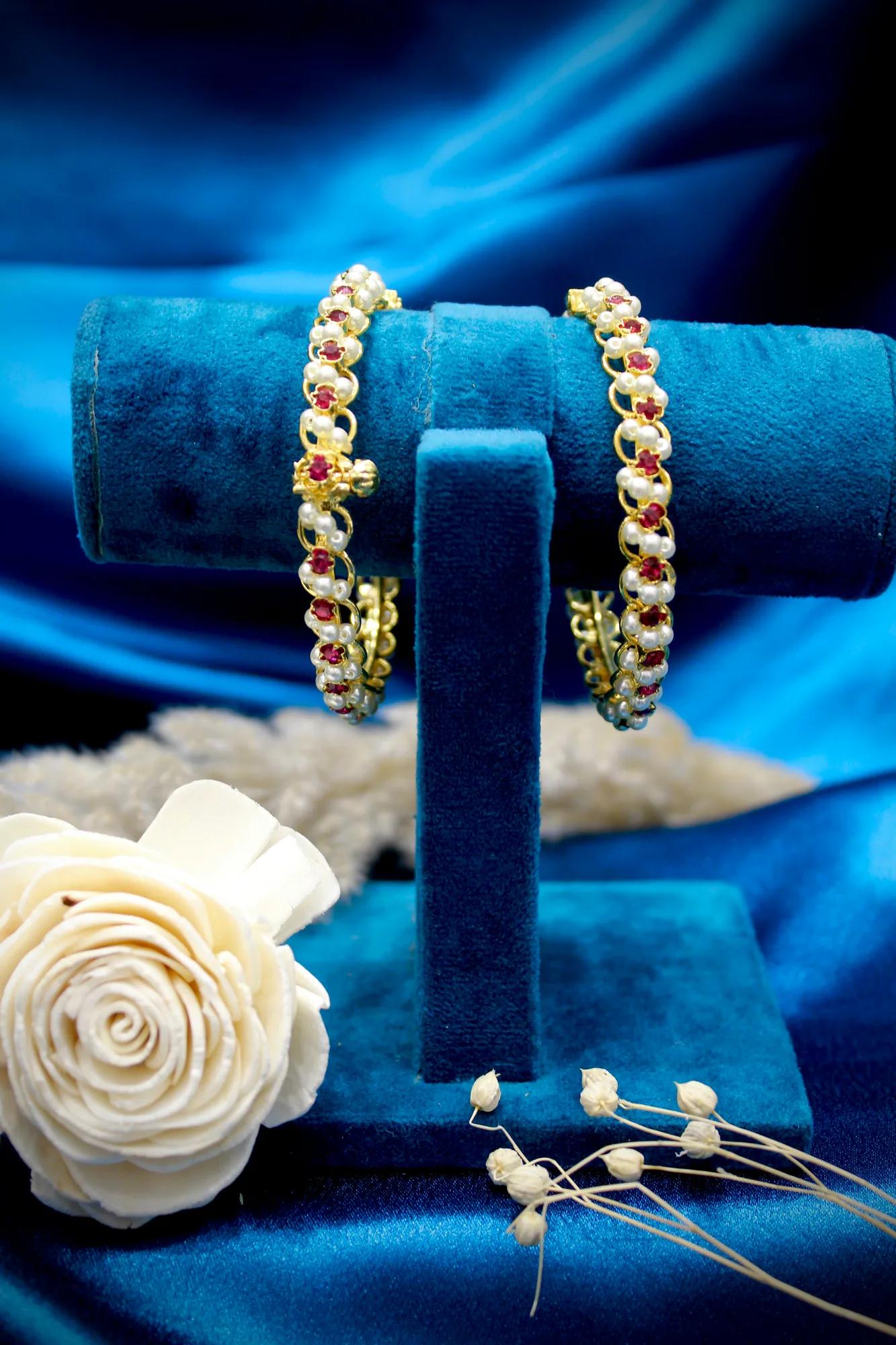 Elegant Pearl & Ruby Link Bangles (Set of 2)
