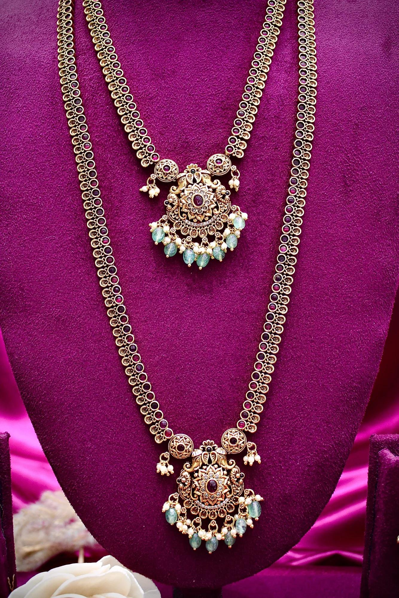 Dual Layer Antique Emerald Pendant Haram Set