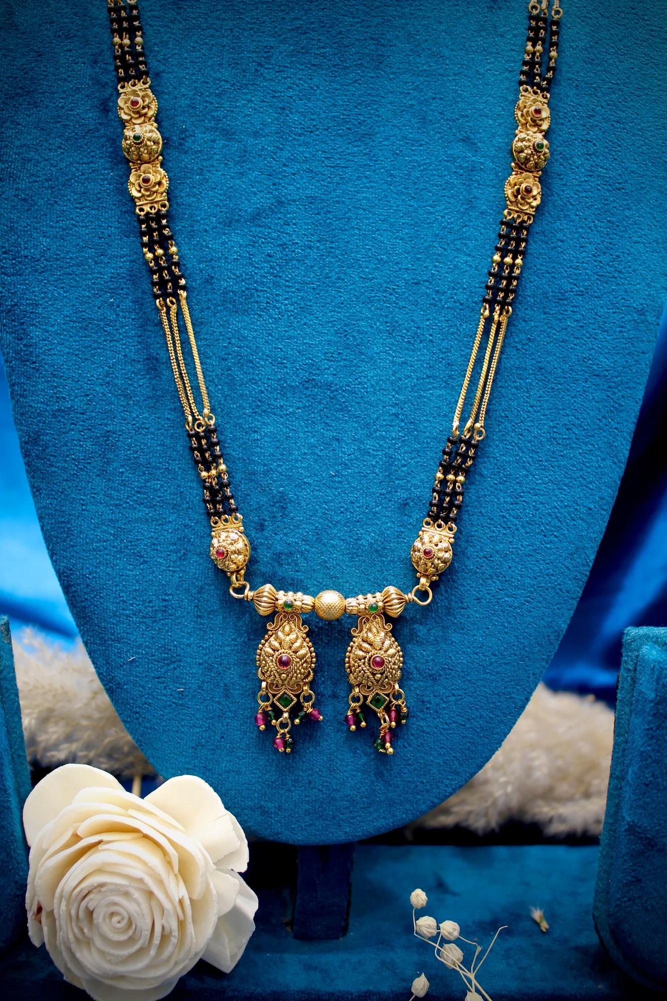 Antique Floral Drop Mangalsutra with Dual Peacock Pendant