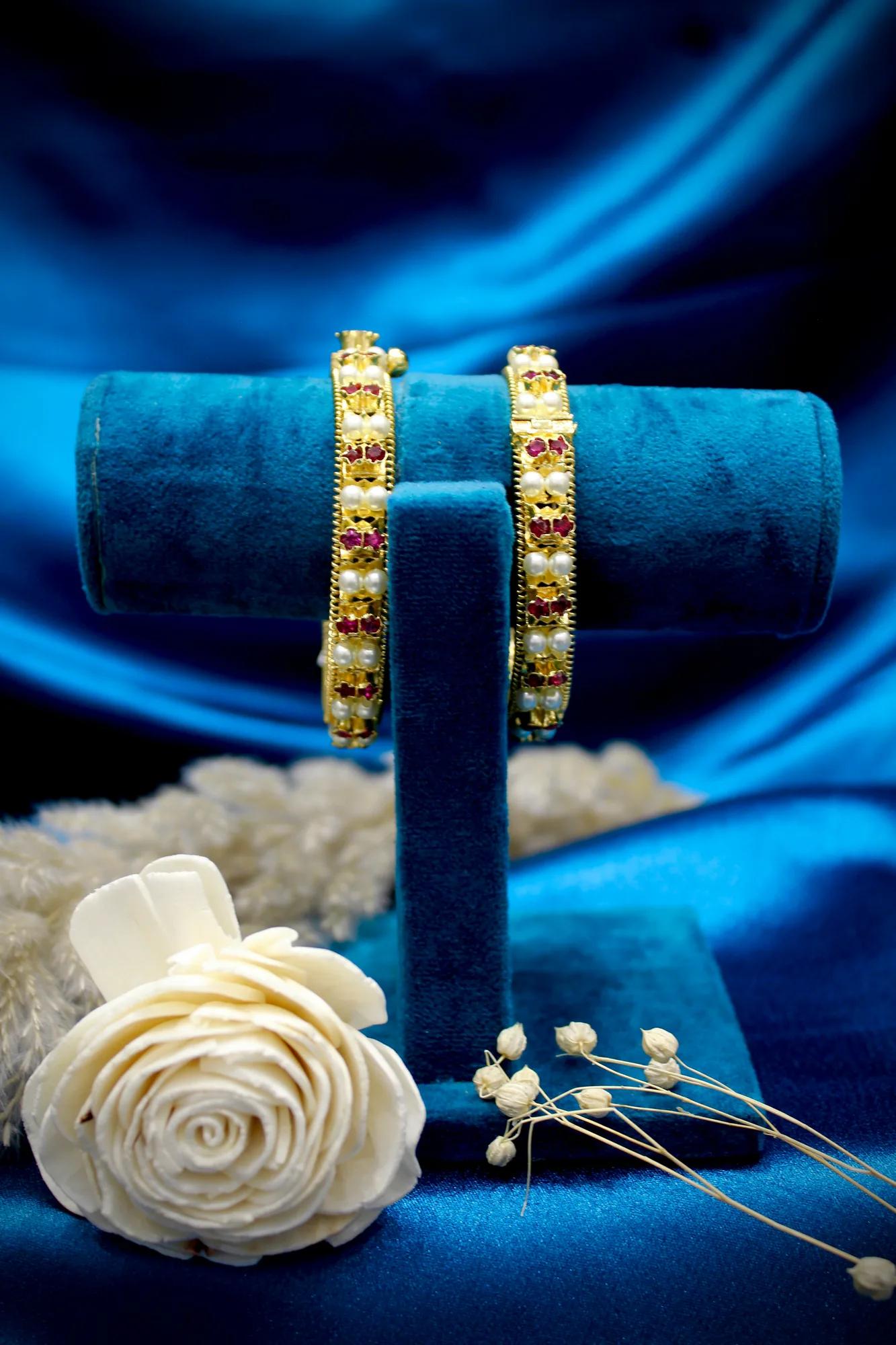 Pearl & Ruby Stone Designer Bangles (Set of 2)