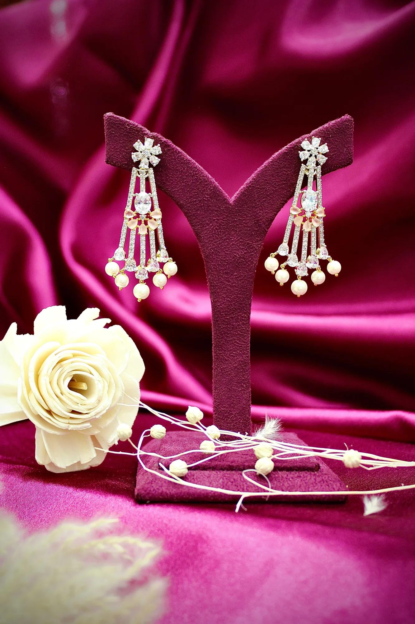 Luxury Floral American Diamond Pearl Choker Set with Statement Earrings