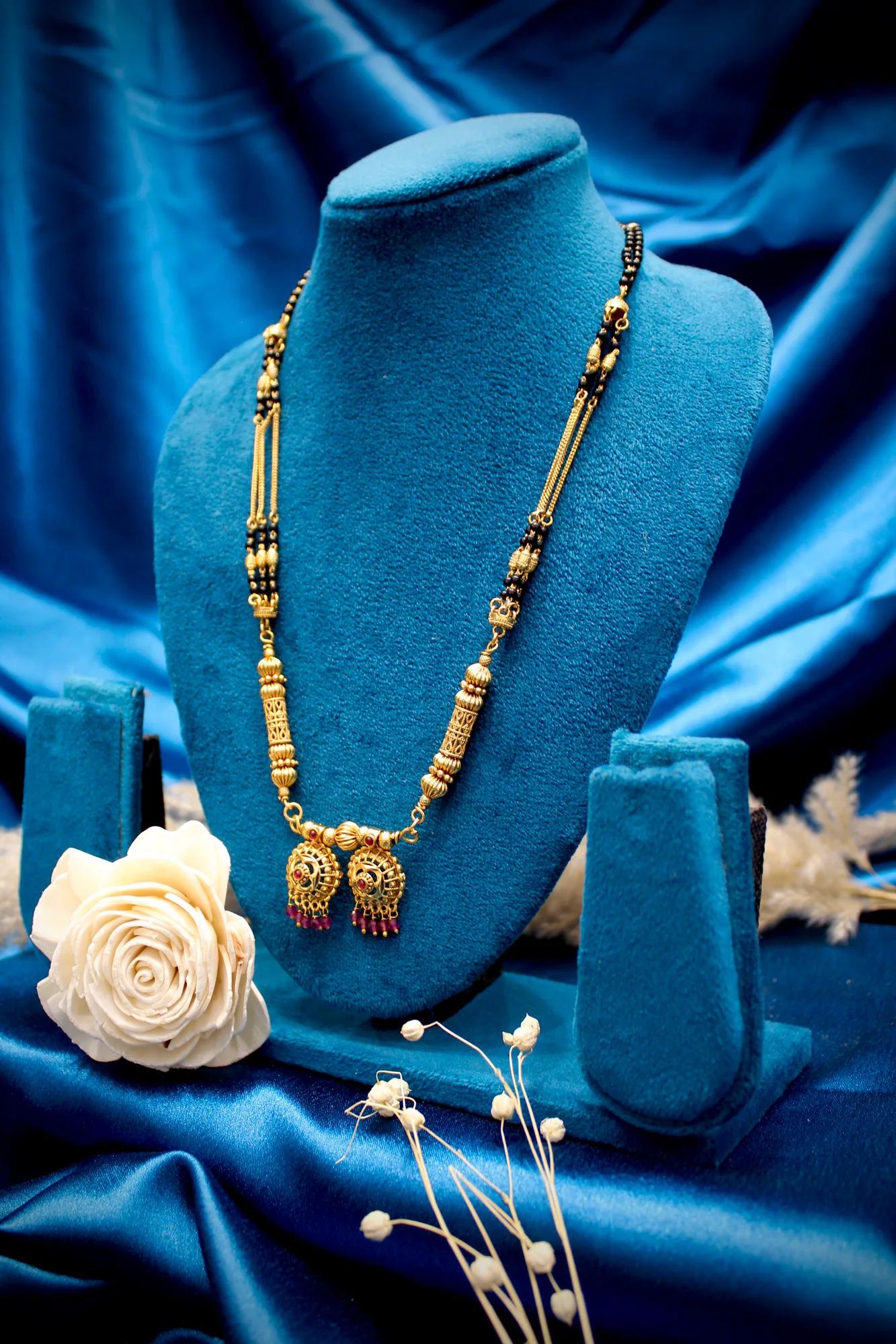 Premium Antique Gold Designer Double Pendant Black Bead Mangalsutra