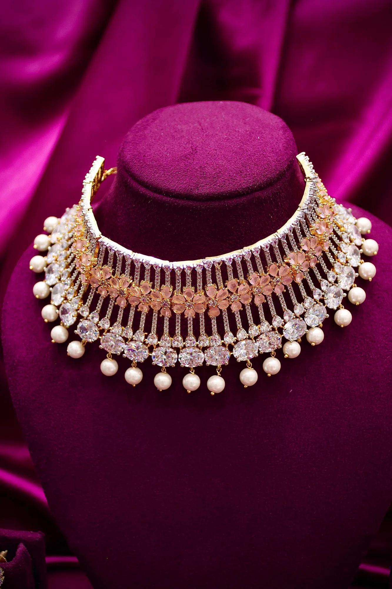 Luxury Floral American Diamond Pearl Choker Set with Statement Earrings