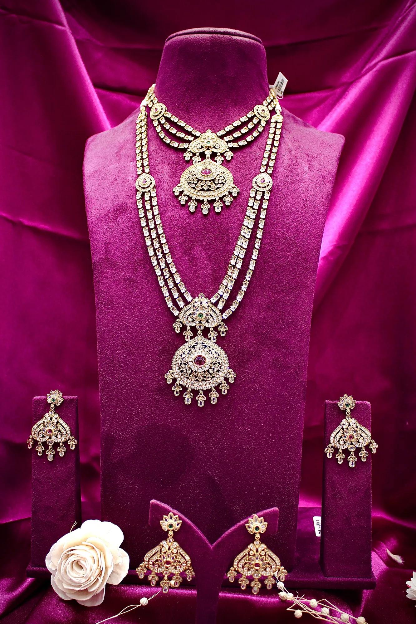 Royal Dual-Layer American Diamond Necklace Set with Ruby & Emerald Accents