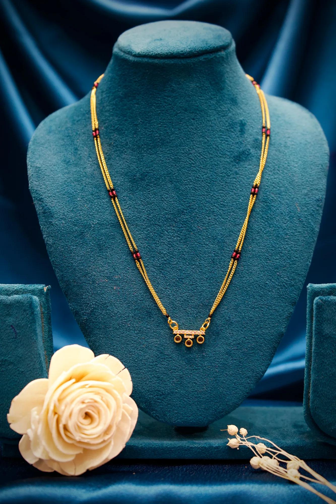 Elegant Triple Charm Mangalsutra Necklace with Pink Bead Accents