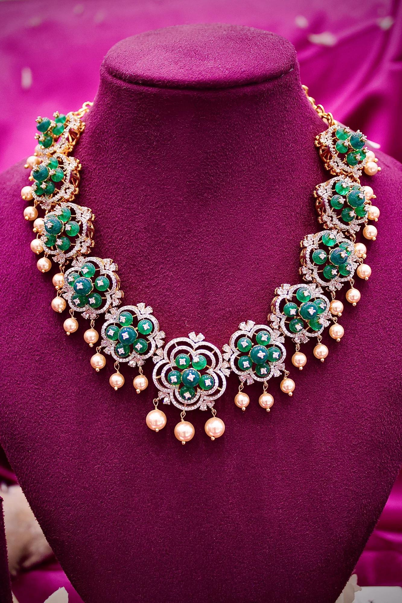 Emerald Floral Pearl Drop Necklace Set