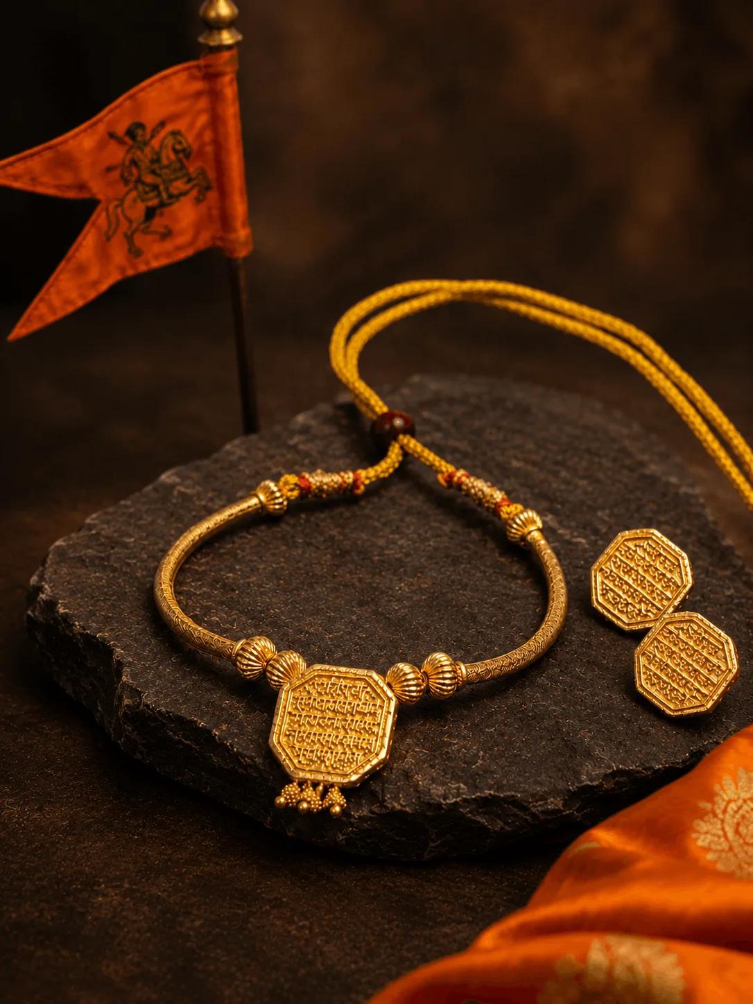 Chhatrapati Shivaji Maharaj Rajmudra Gold-Plated Necklace Set with Matching Stud Earrings