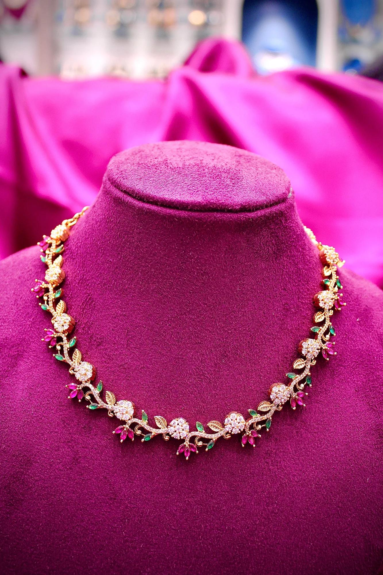 Floral Vine CZ Necklace Set with Multicolor Stone Accents