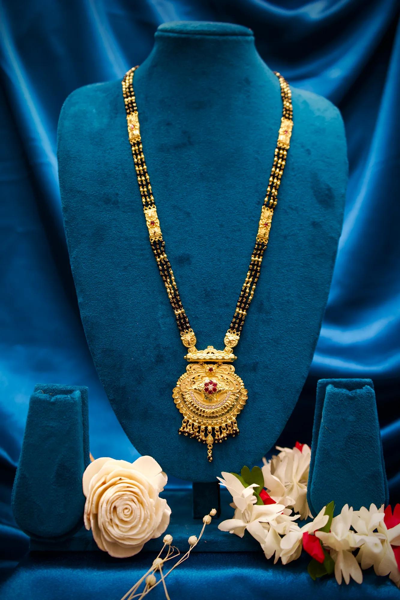 Traditional Black Bead Long Mangalsutra with Antique Royal Pendant